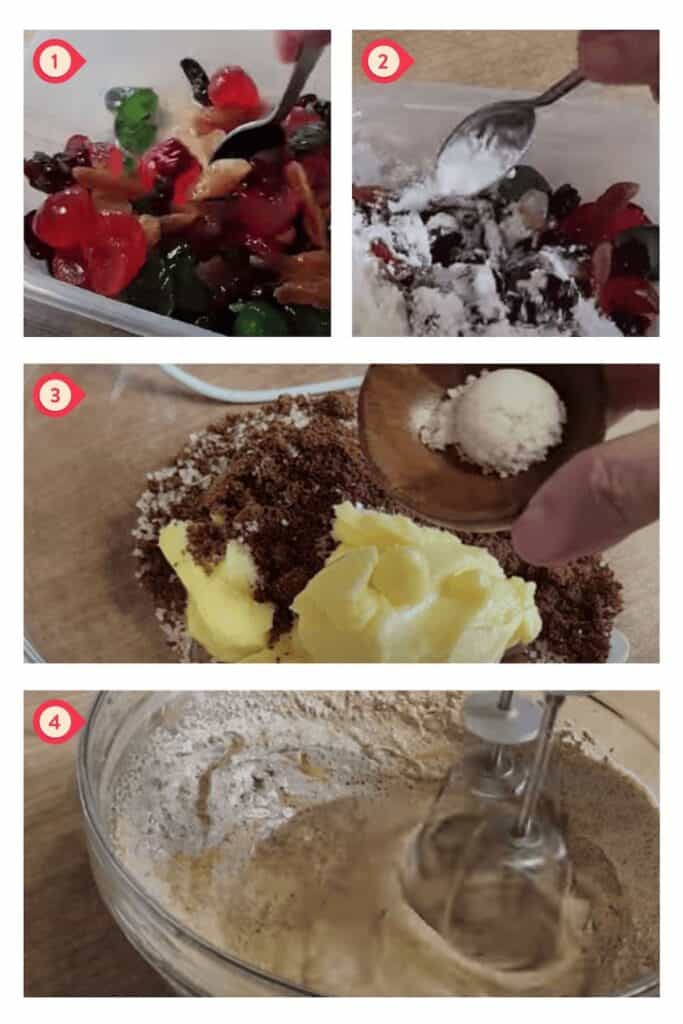 photo collage of preparing the dried fruits and mixing butter with sugar.