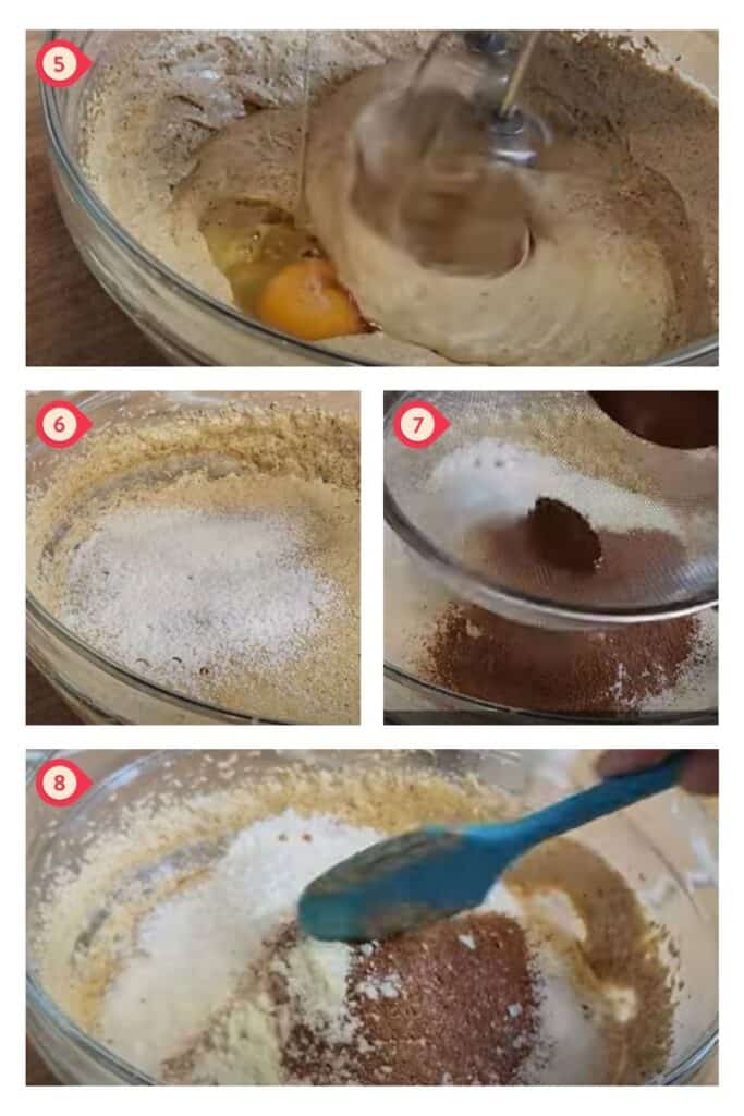 photo collage of mixing the batter with dry ingredients.