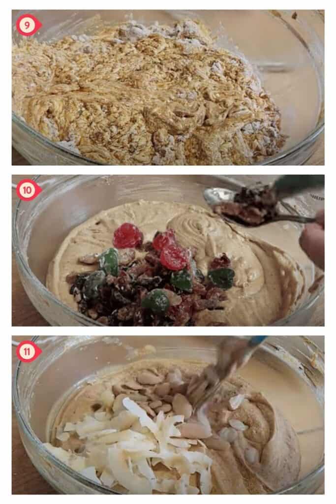 photo collage of mixing the dried fruits into the batter.