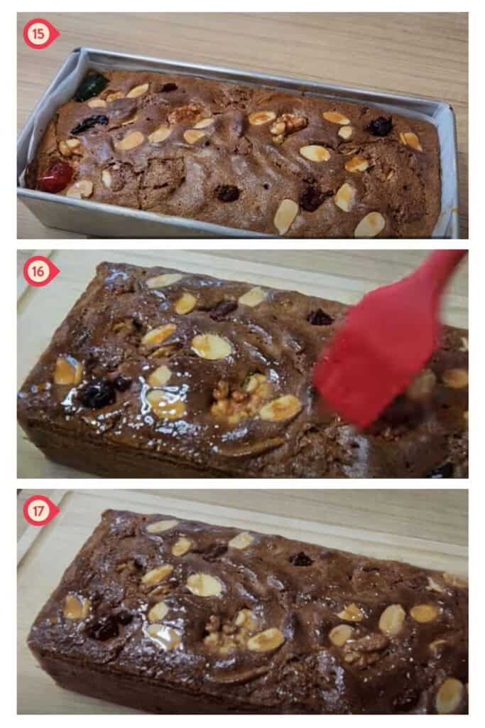 photo collage of brushing the cake with honey and cooling it down.