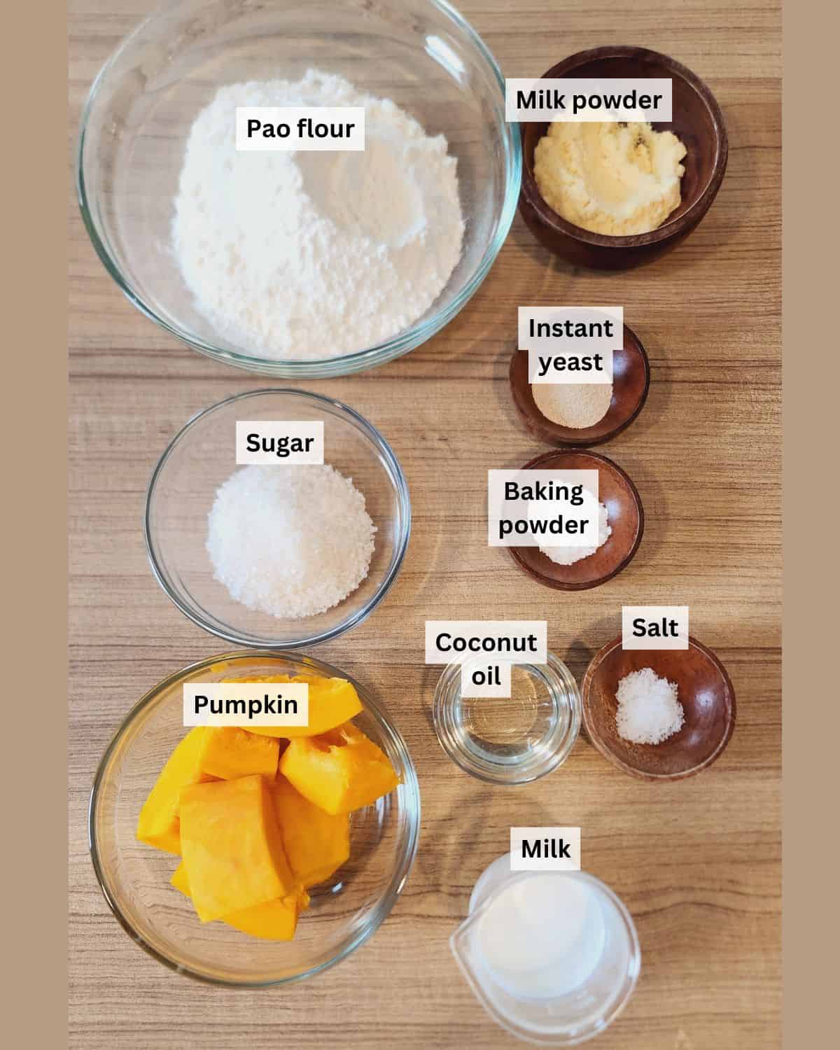 Pumpkin Mantou ingredients with labels.
