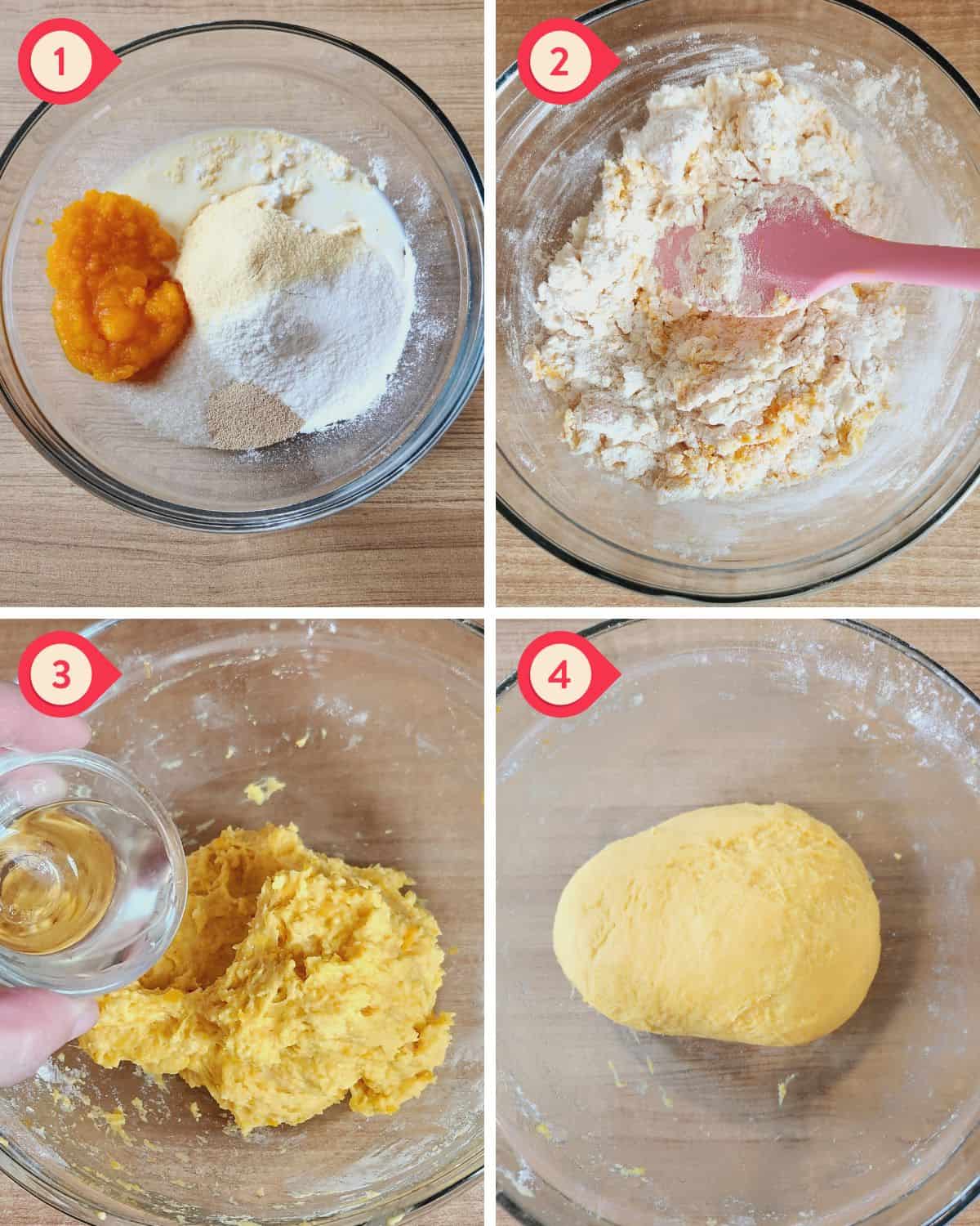 photo collage of mixing the ingredients into a dough.