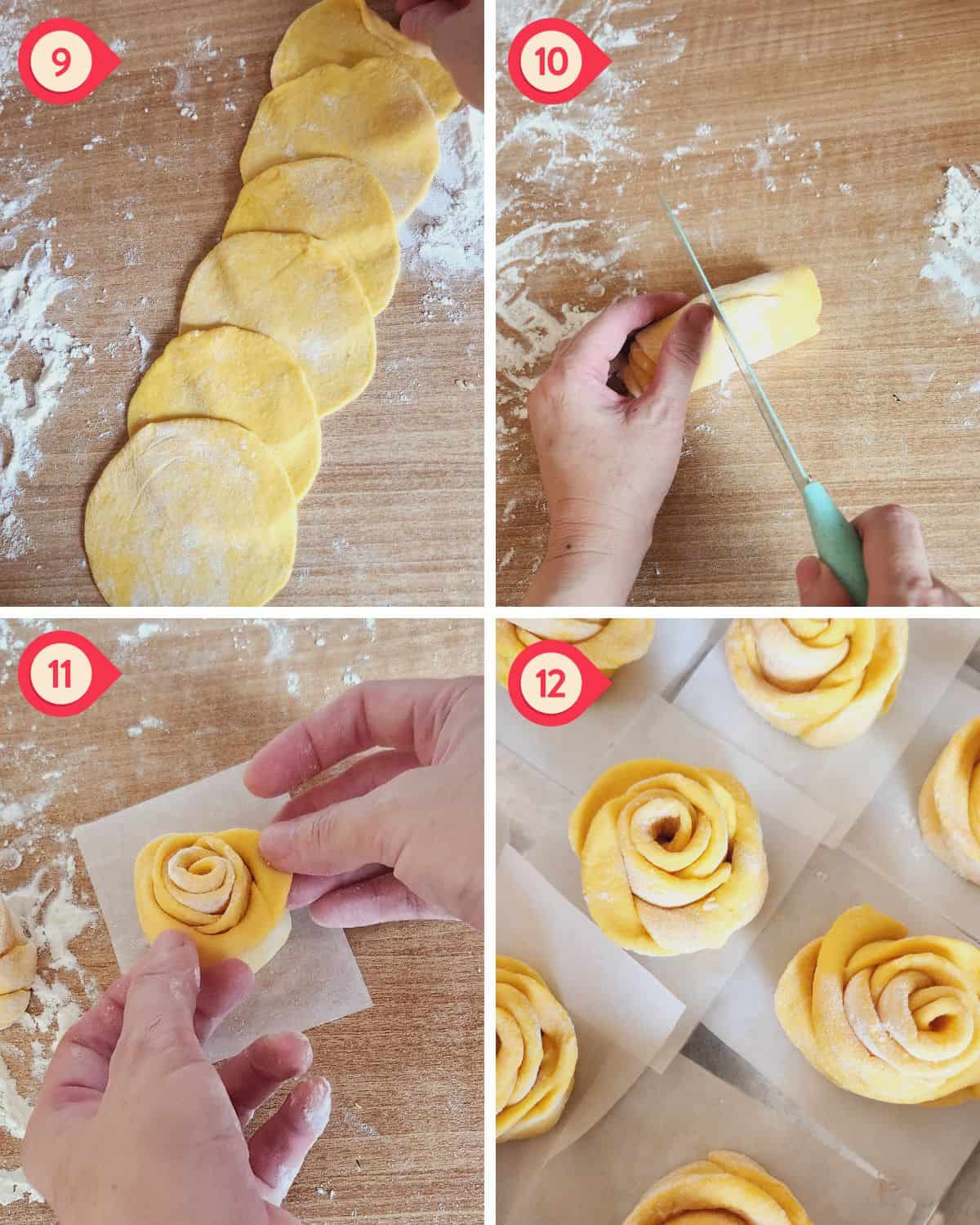 photo collage of shaping the dough into a rose shaped bun.