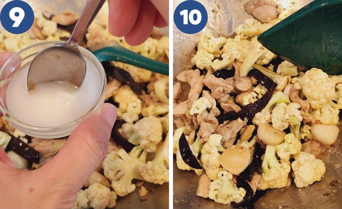 Photo collage of adding the cornstarch slurry to thicken the broth.