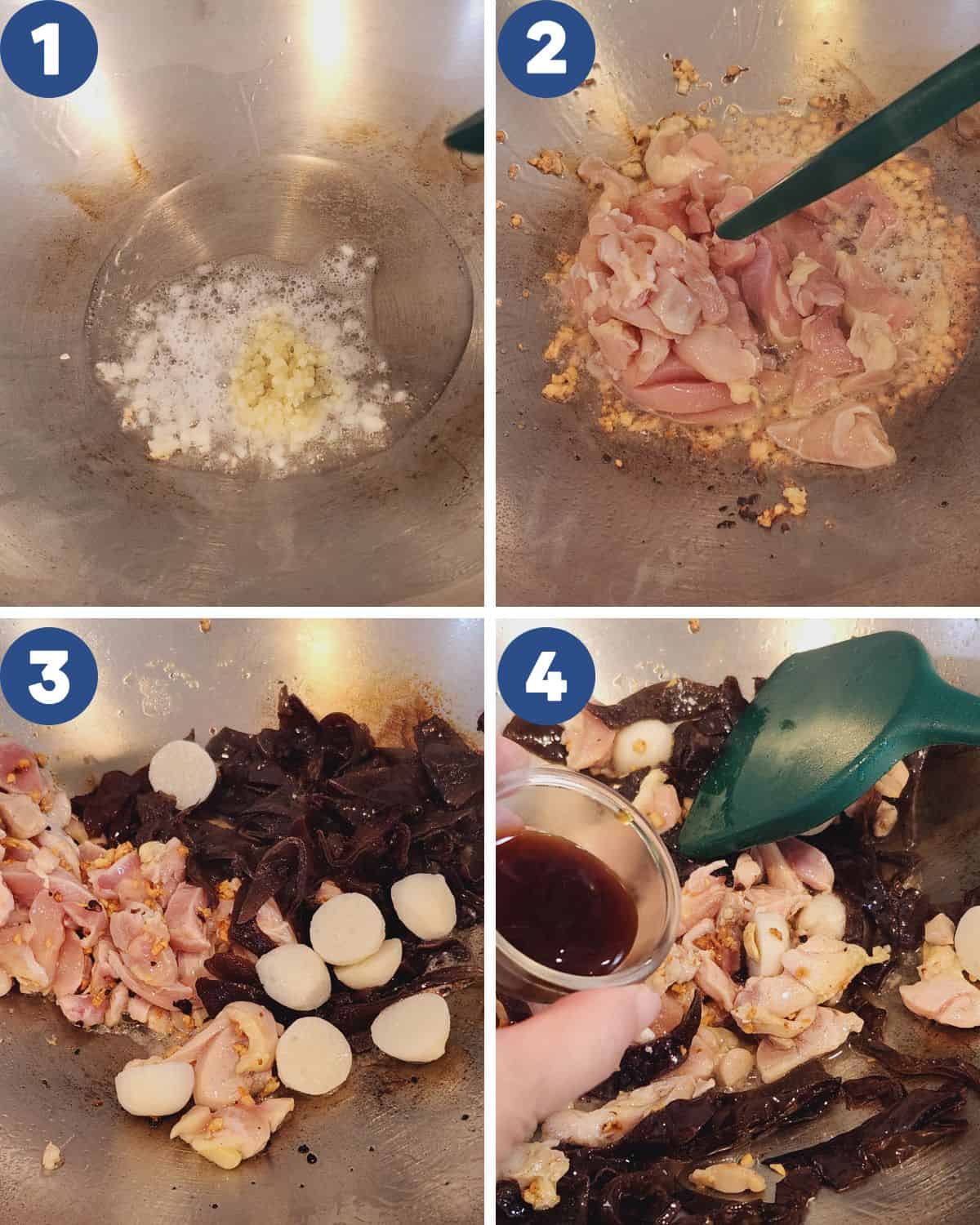 Photo collage of stir frying the kikurage mushrooms and chicken fillet.