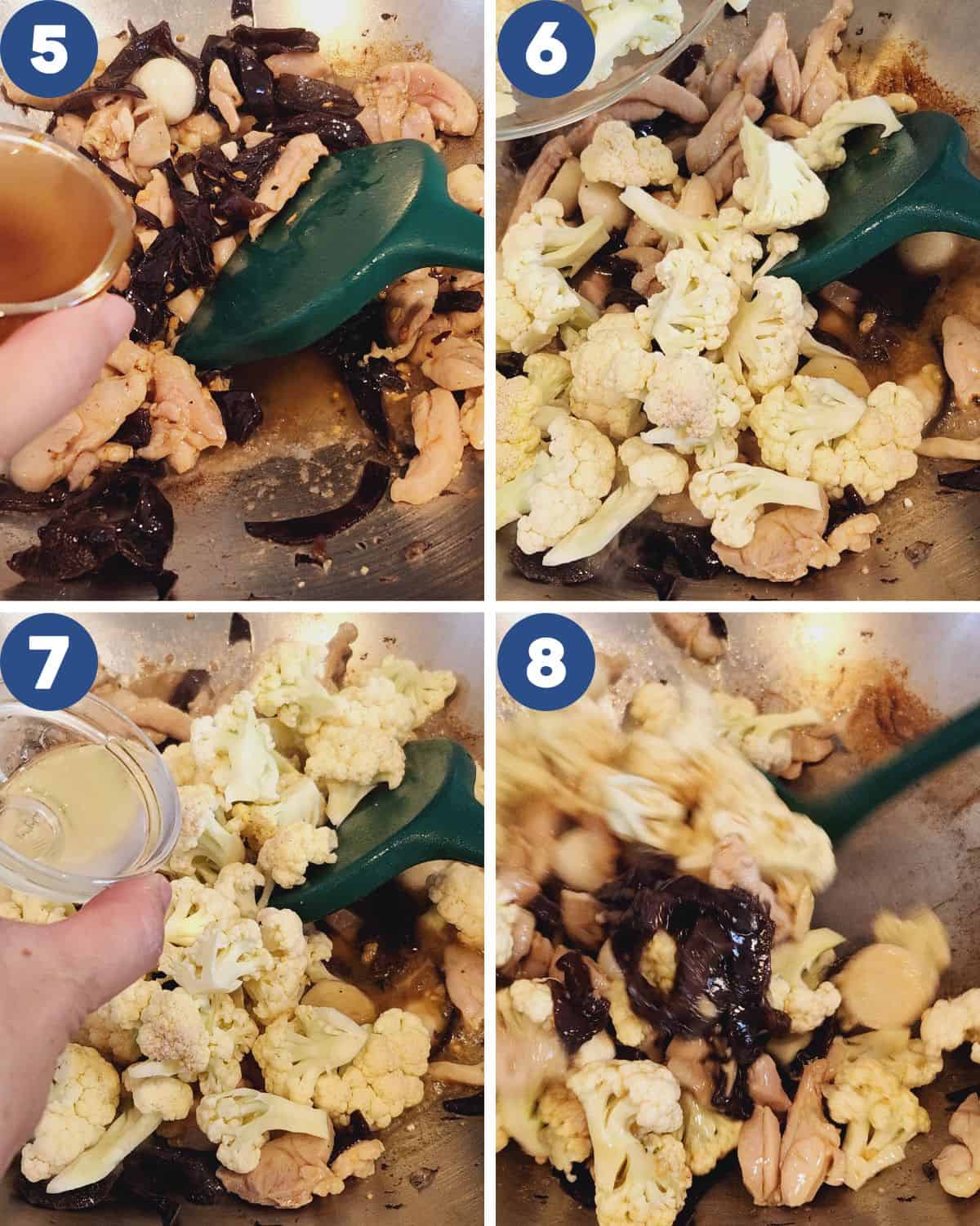 Photo collage of stir frying the cauliflower and adding the seasoning. 