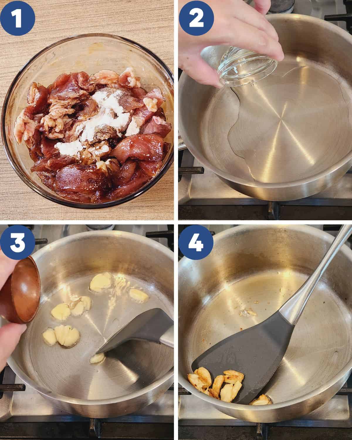 Photo collage of marinating the beef and preparing to cook.