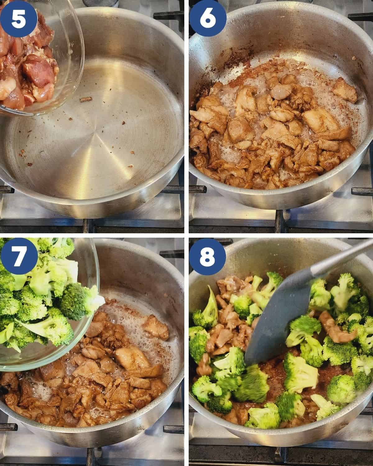Photo collage of stir frying the pork and broccoli together.