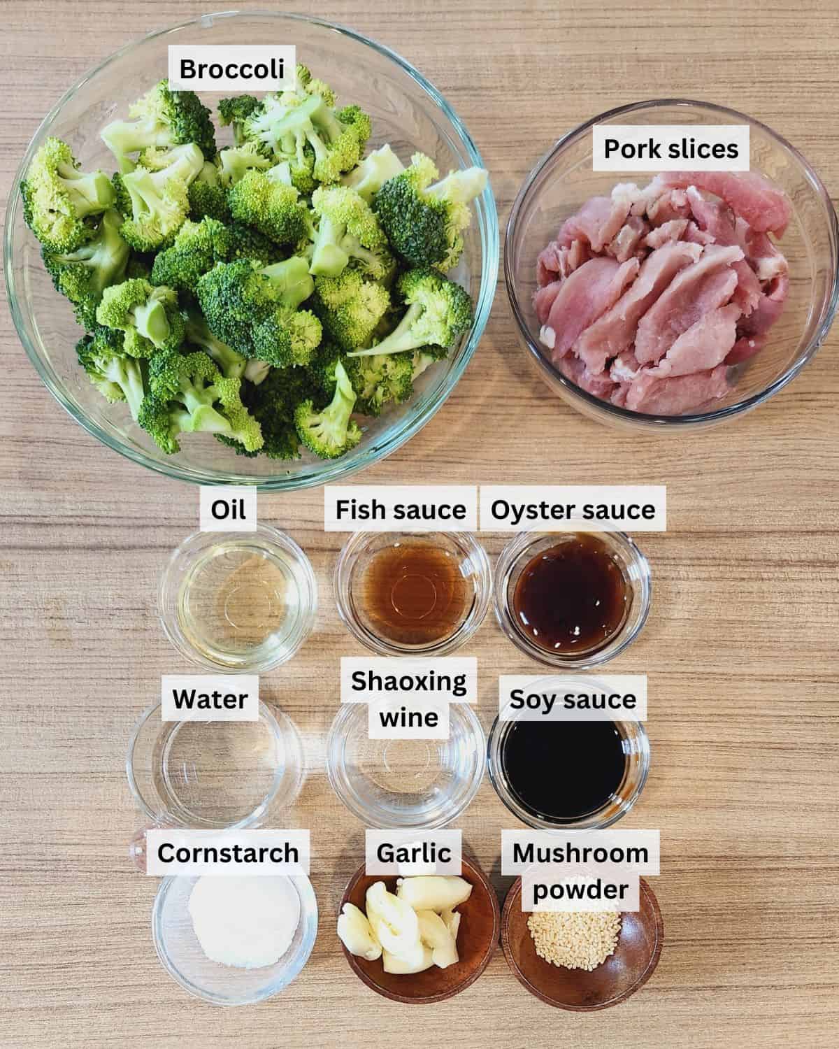 Pork and broccoli stir fry ingredients with labels.