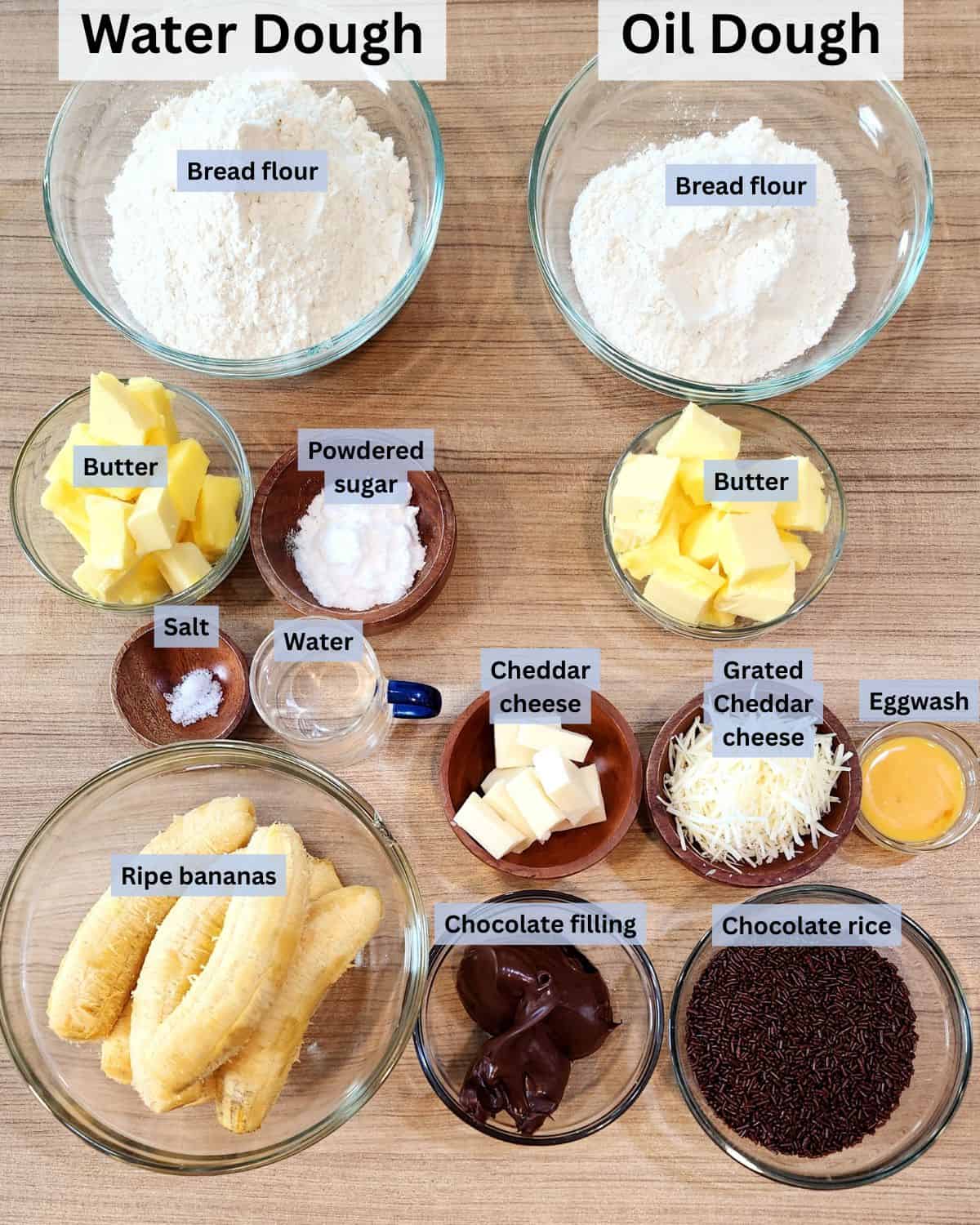A photo of bolen pisang ingredients with labels.