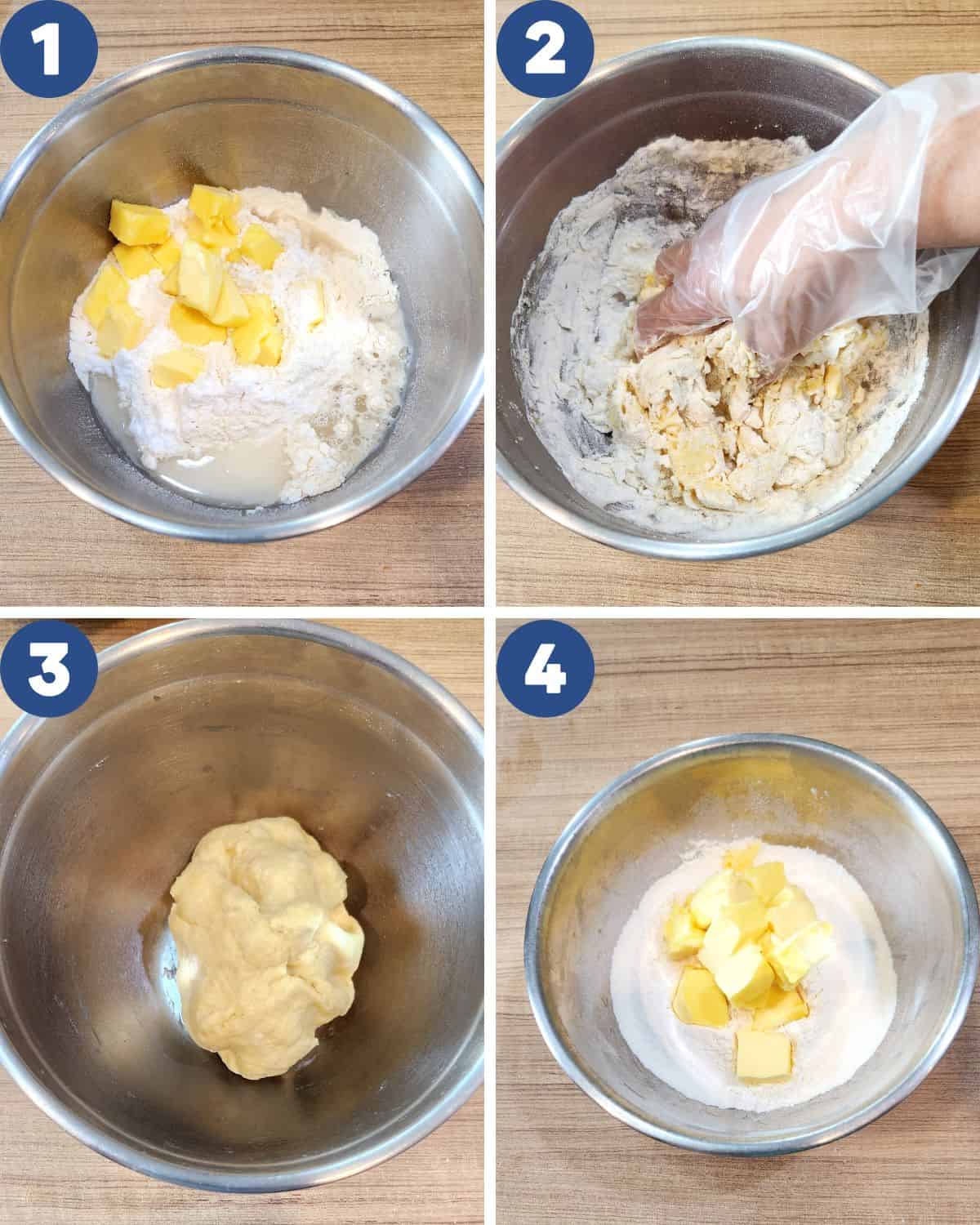 Step by step process of mixing the water dough and the oil dough.
