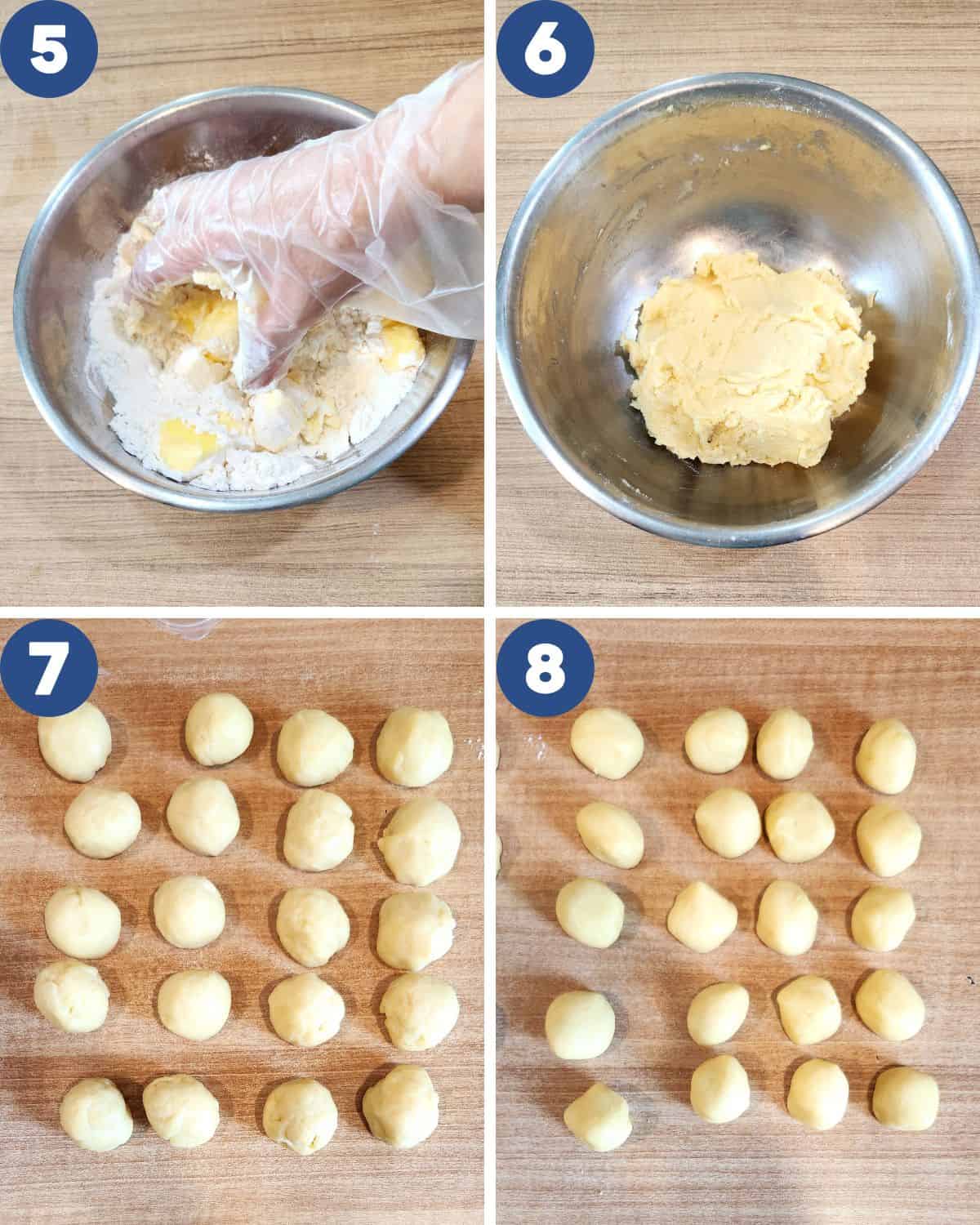 Step by step process of mixing the oil dough and dividing the two types of dough into 20 pieces.