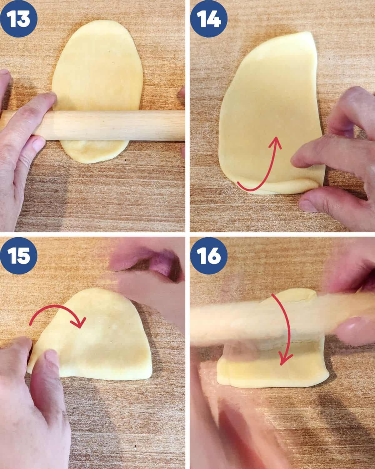 Step by step photos of layering the skin of the pastry.