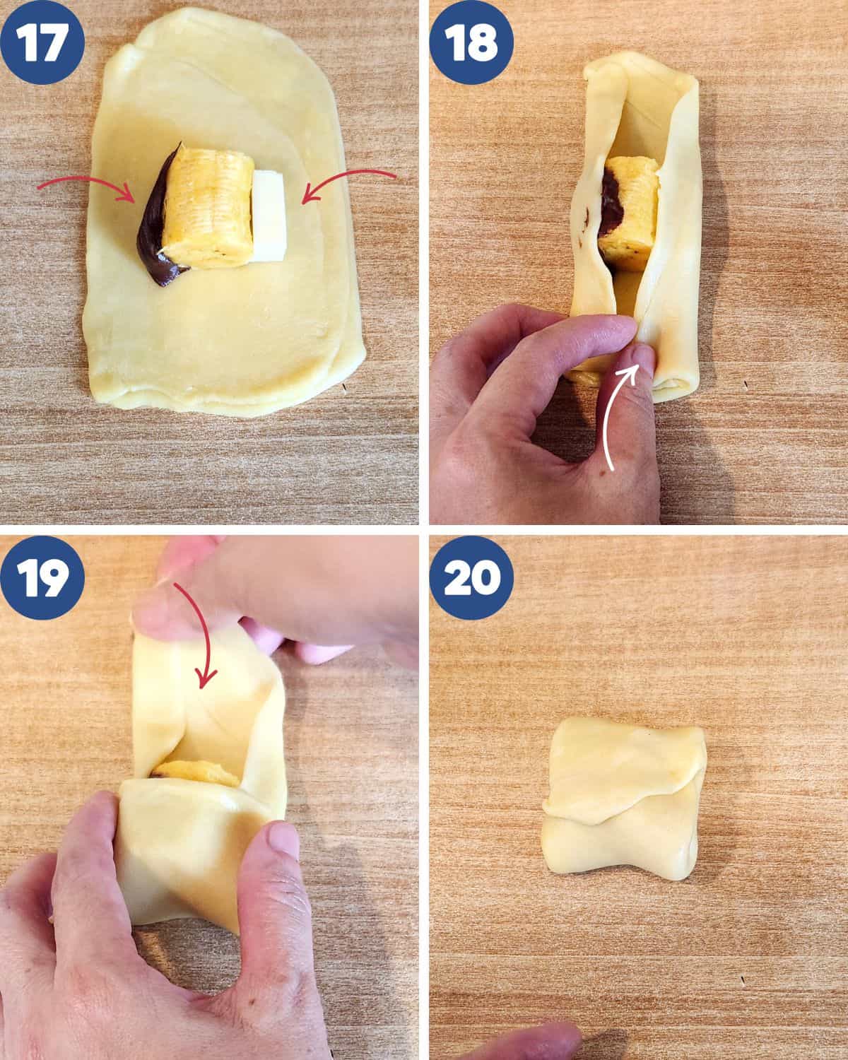 Step by step process of filling the pastry with banana, chocolate filling, cheese and wrapping it.