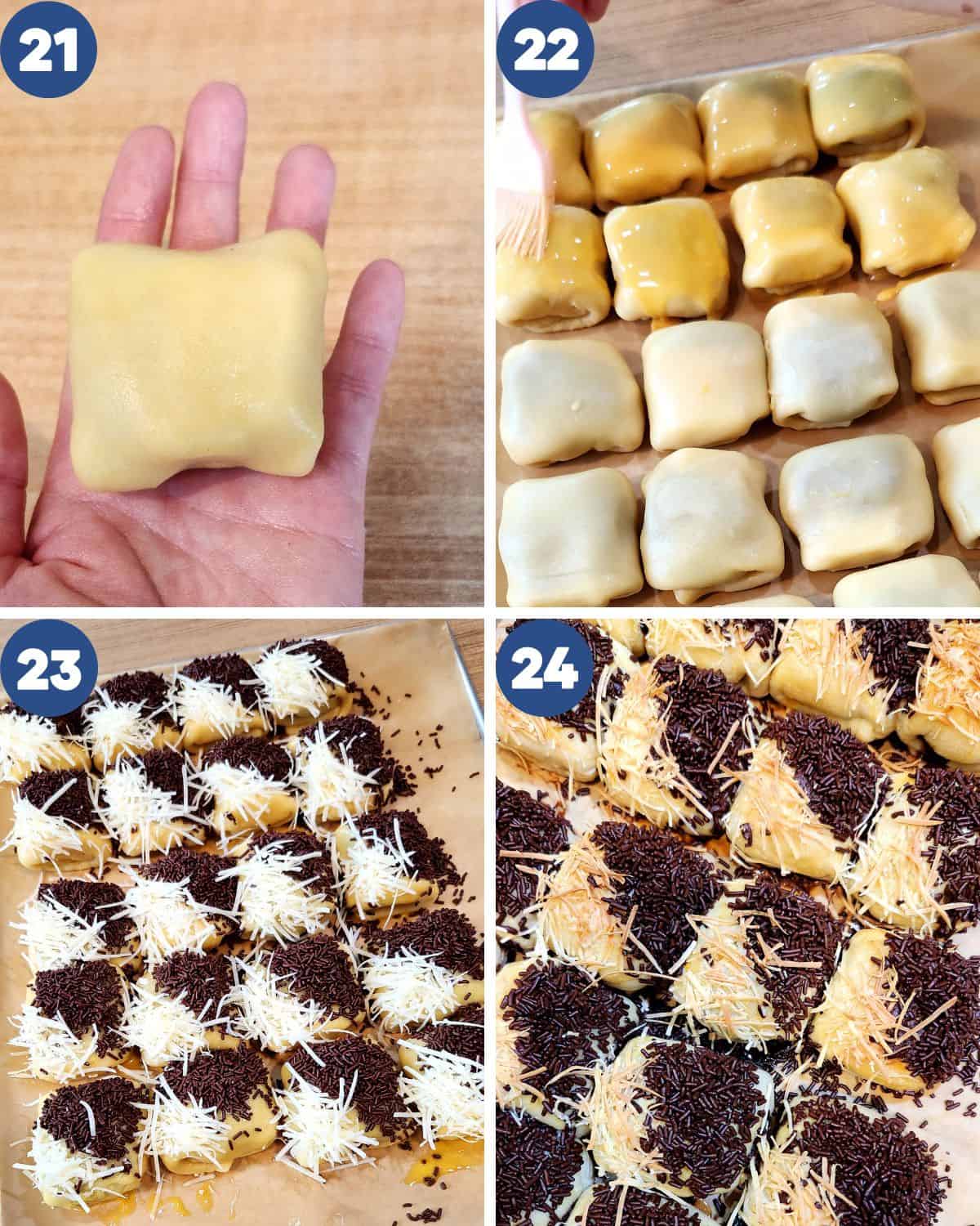 Photos of the shaped dough and brushing with eggwash and decorating before baking them.