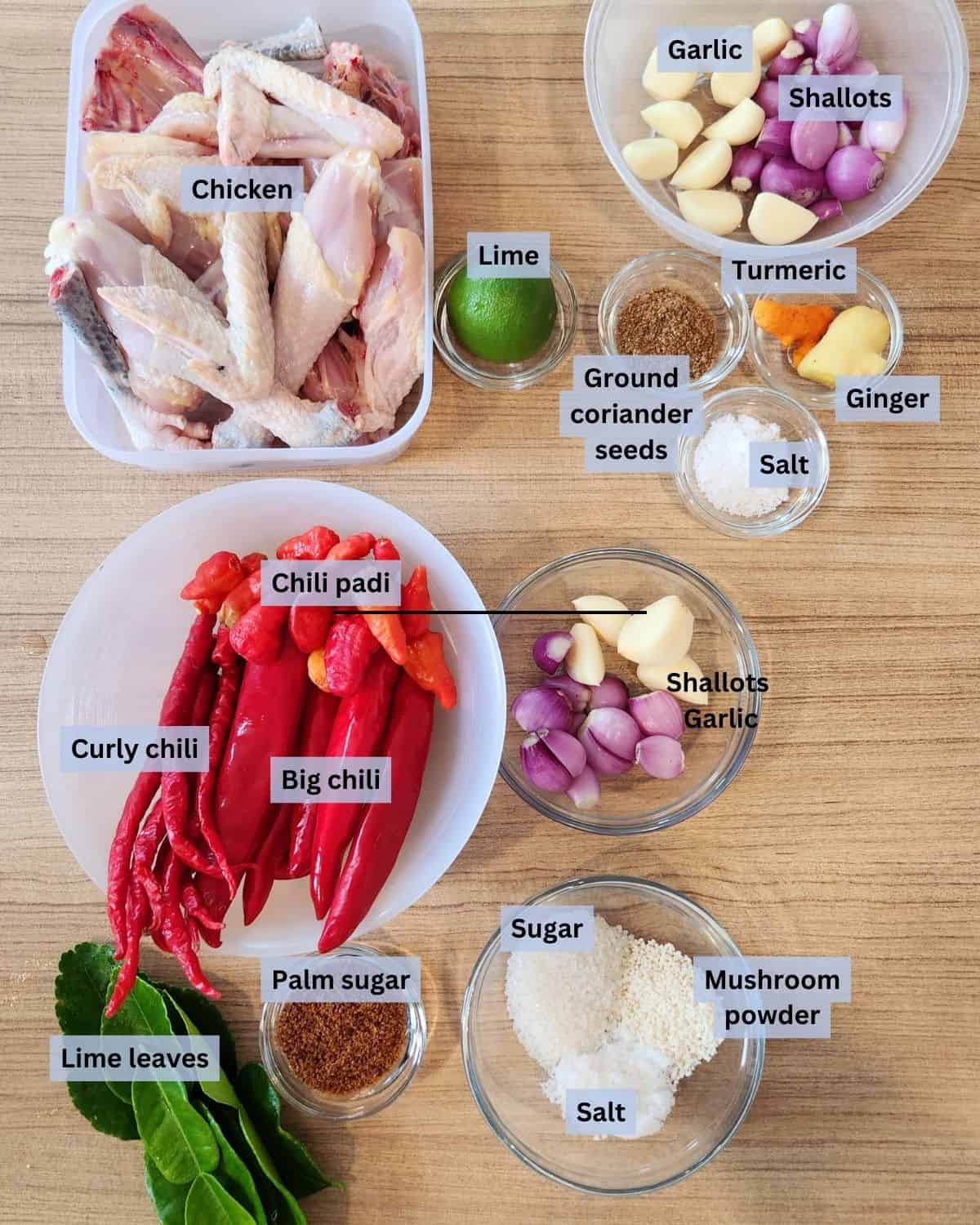 A photo of Chicken Balado ingredients with labels.