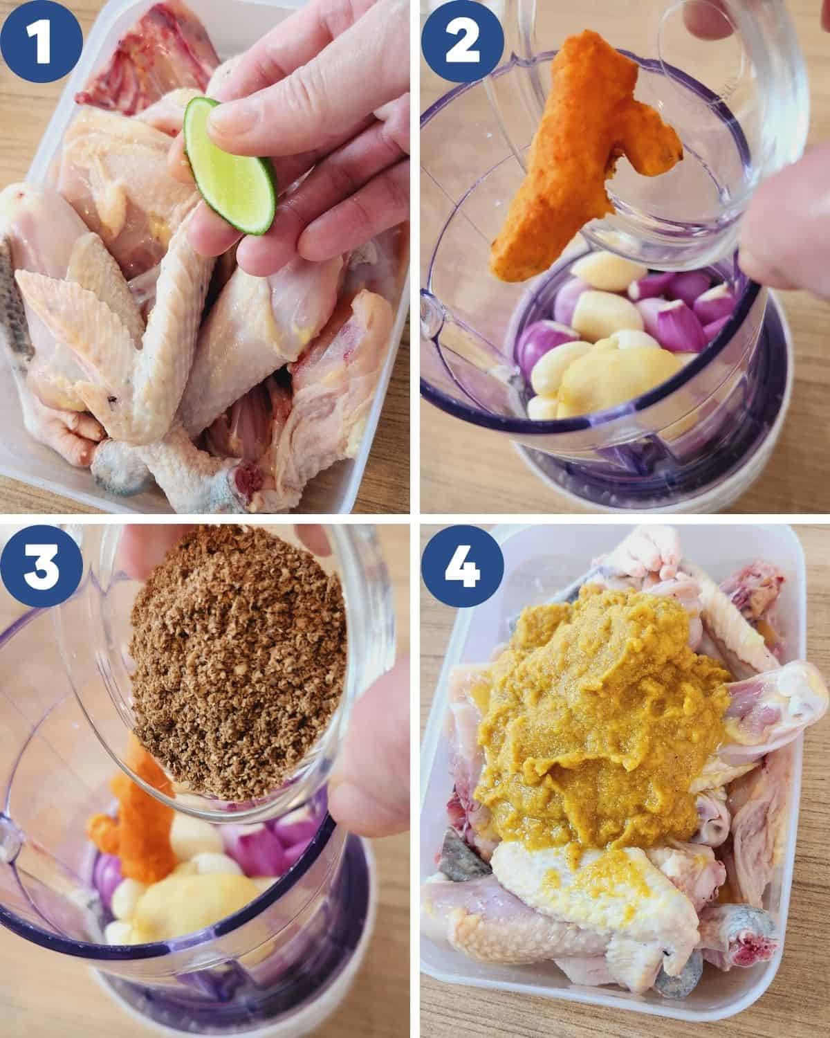 A step by step process photos of processing the spices and herbs and handling the chicken.