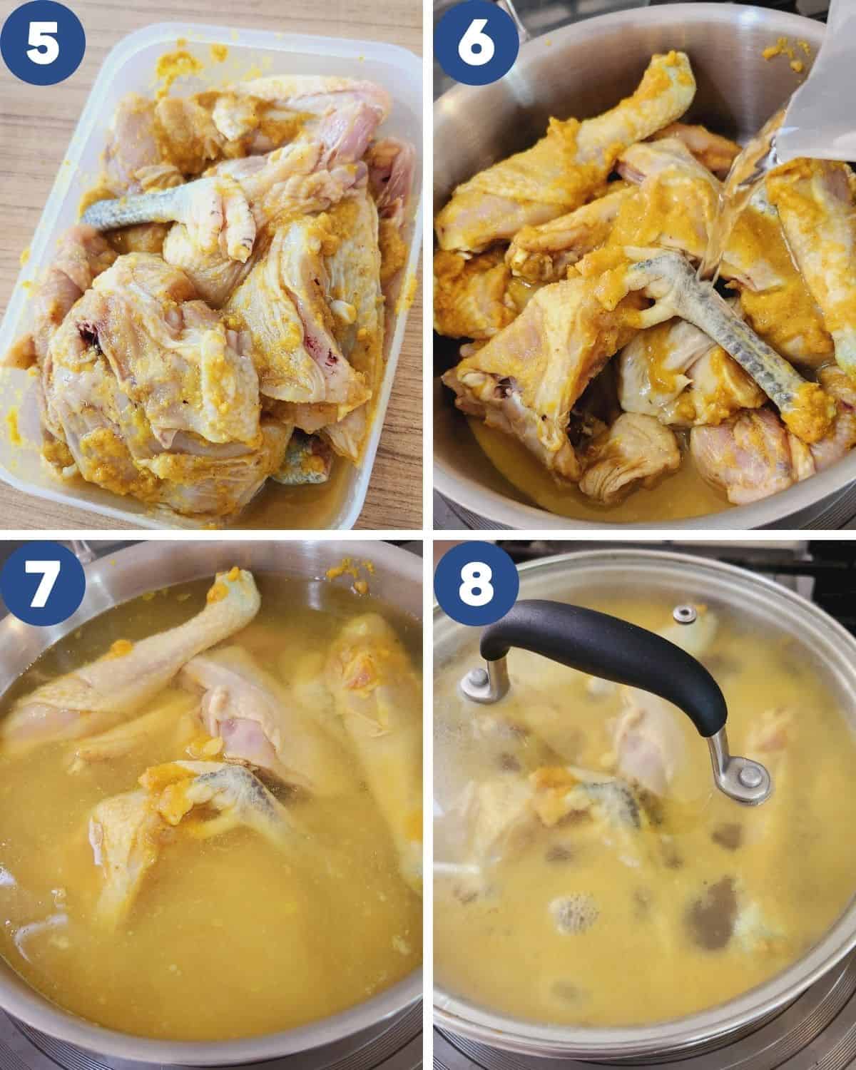 A step by step process photo of marinating the chicken and cooking it.