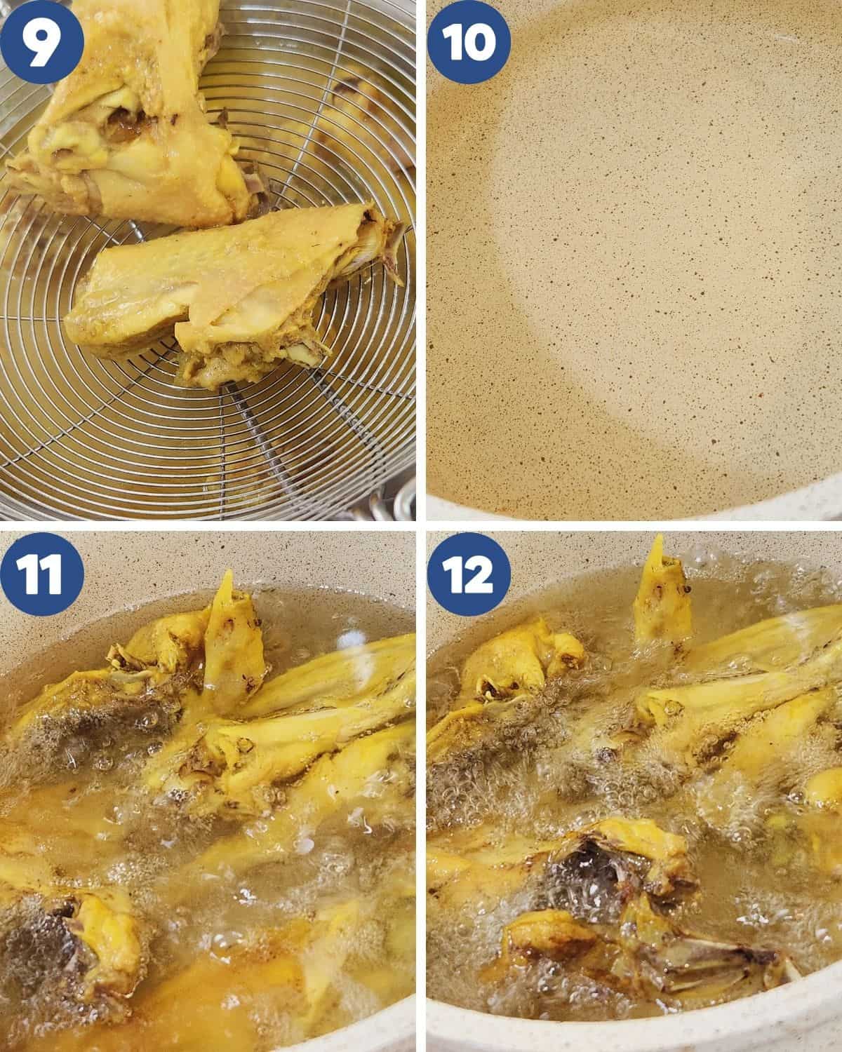 A step by step process photos of deep-frying the chicken.