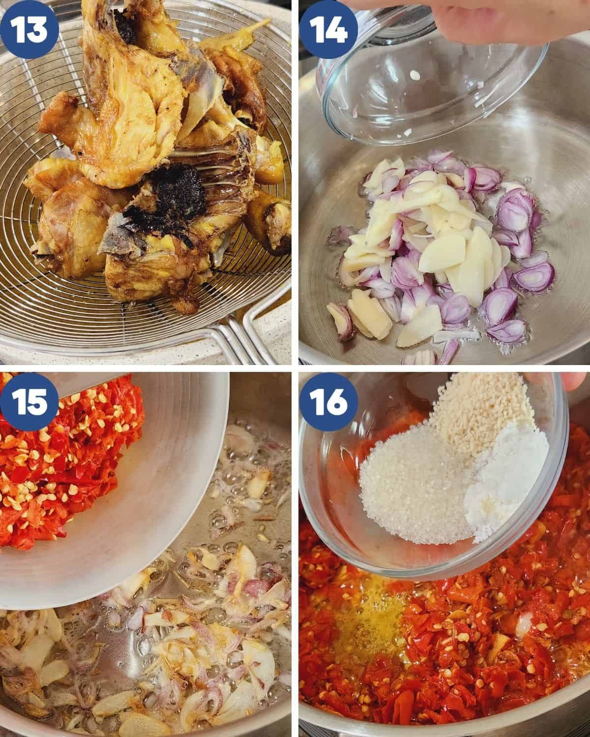 A step by step process photos of preparing the chili sauce.