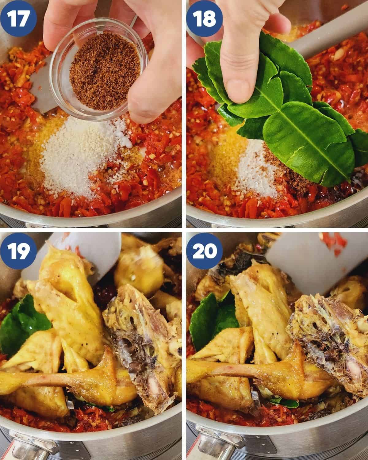 A step by step photo of cooking the chili sauce and mixing it with the chicken.