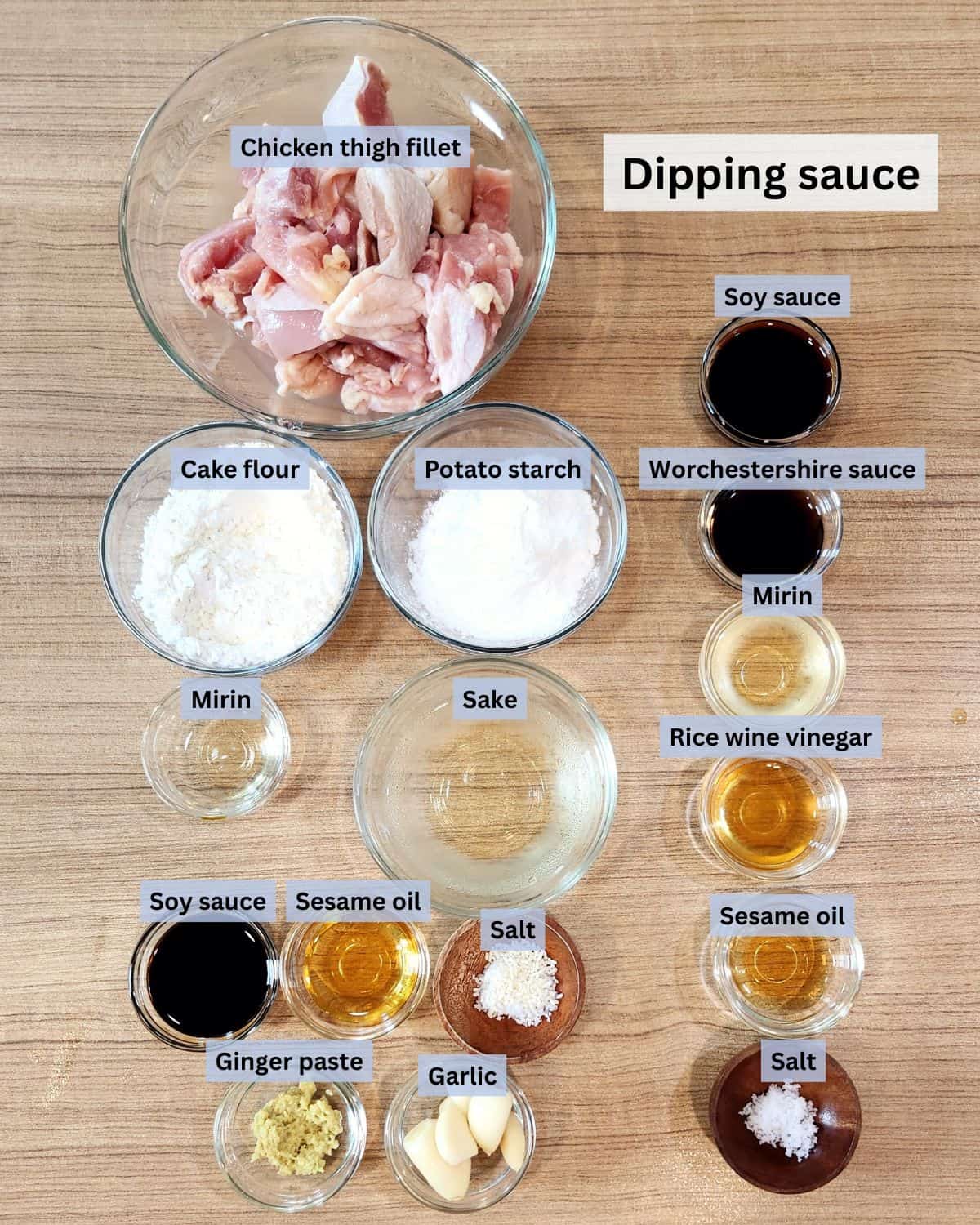 Chicken karaage ingredients with labels.