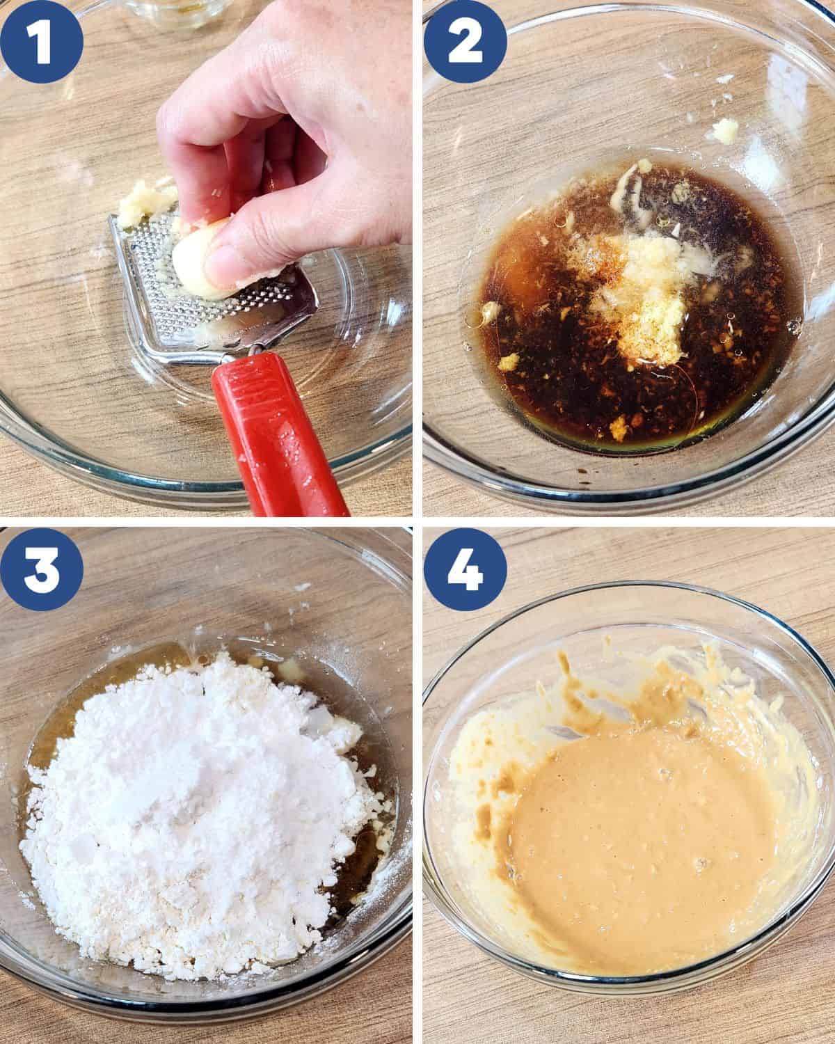 Step by step process photos of preparing the marinate sauce for chicken karaage.