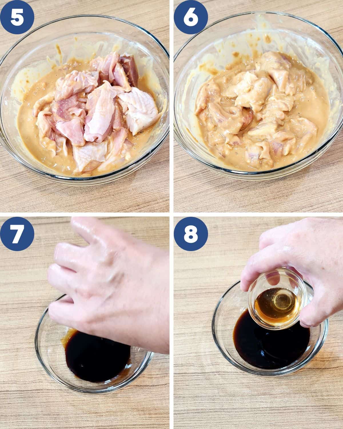 Step by step process photos of marinating the chicken slices and mixing the dipping sauce.