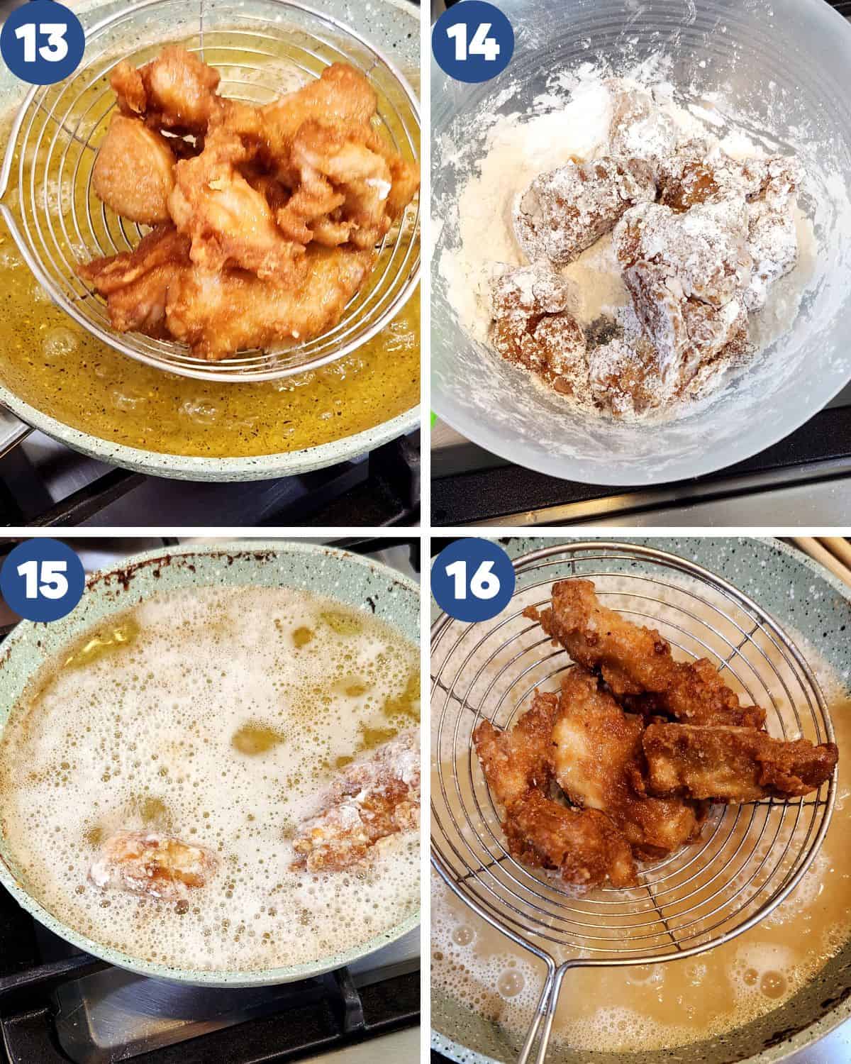 Step by step process photos of deep-frying the chicken for the second time.