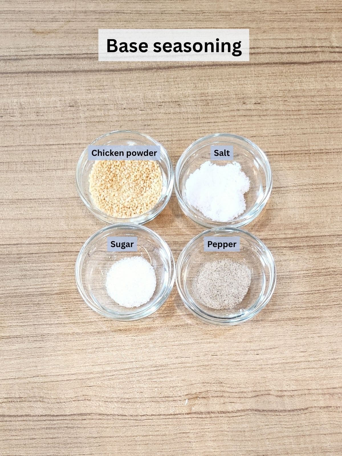 A photo of flourless fried chicken basic seasoning with labels.