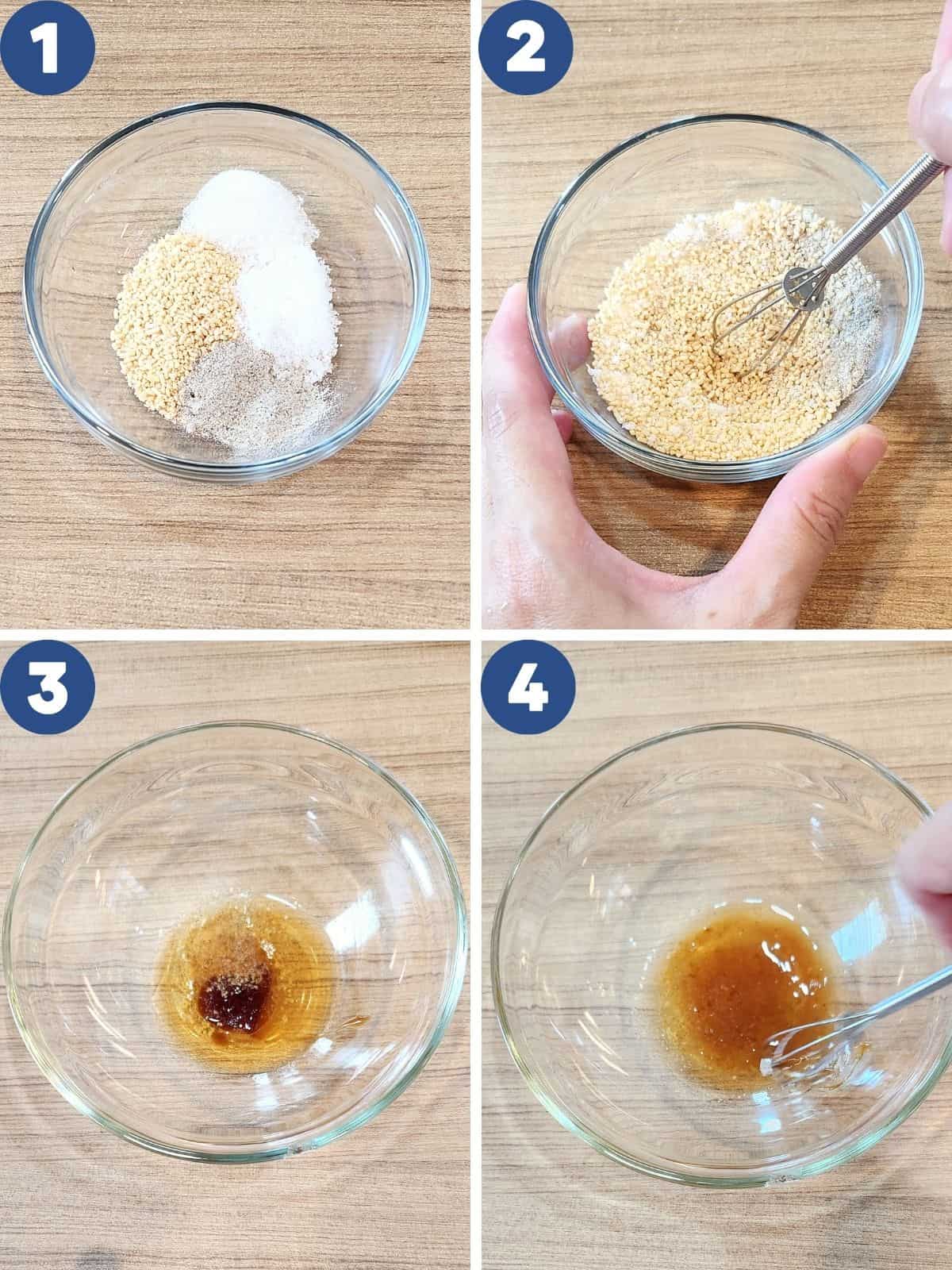 Step by step process photos of mixing the seasoning for flourless fried chicken.