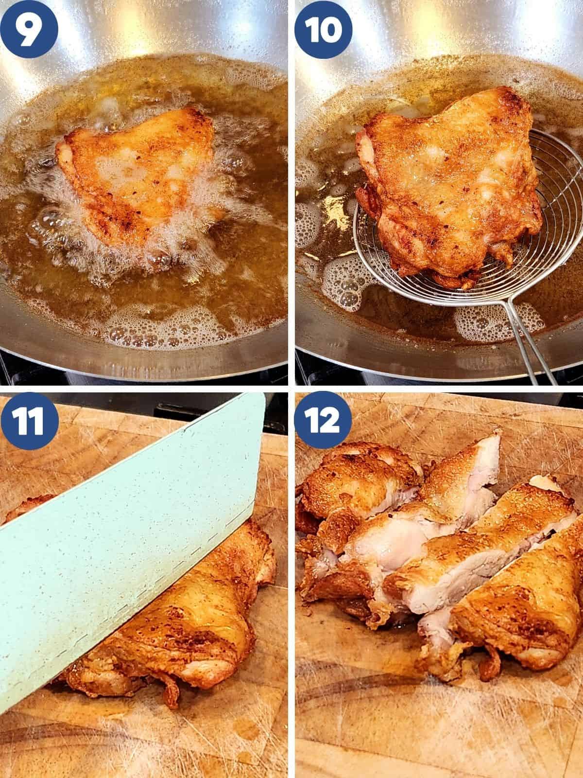 Step by step process photos of deep-frying the chicken.