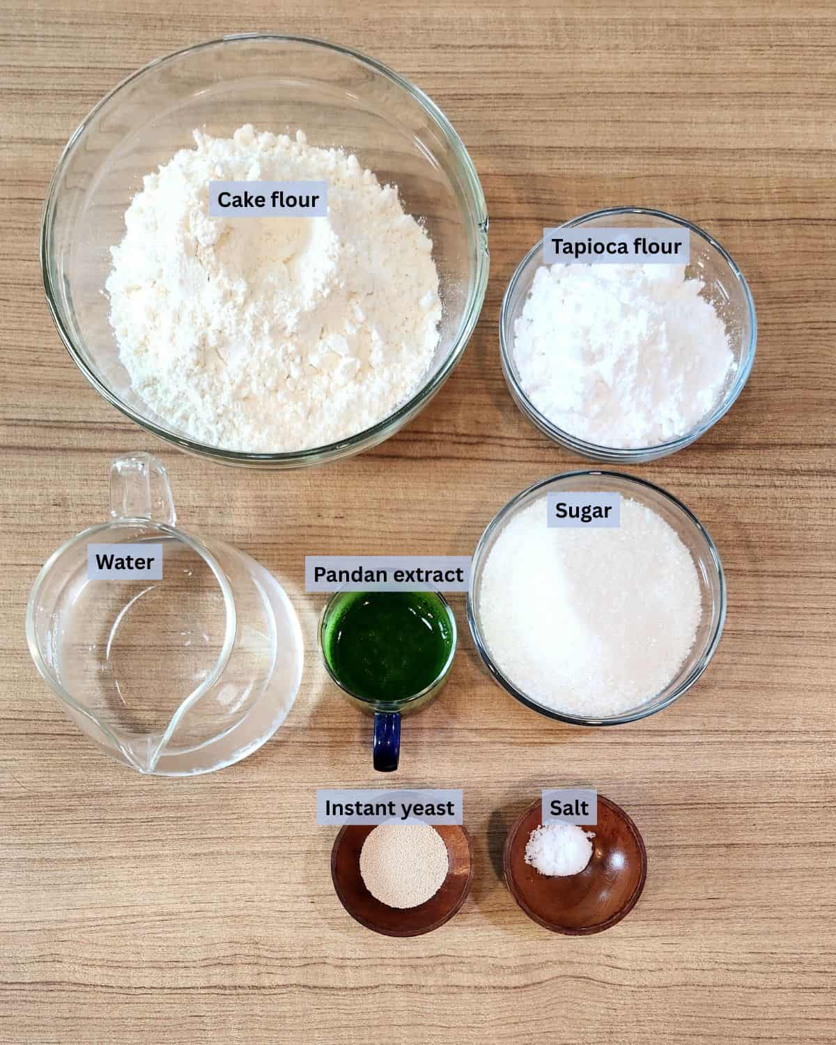 Kue Apem Pandan ingredients with labels. 