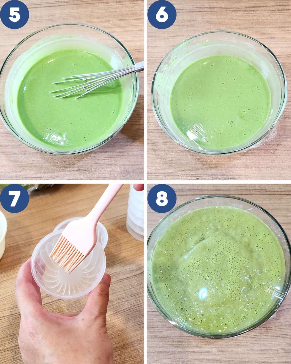 Step by step process photos of whisking the batter, brushing oil to the pudding molds.