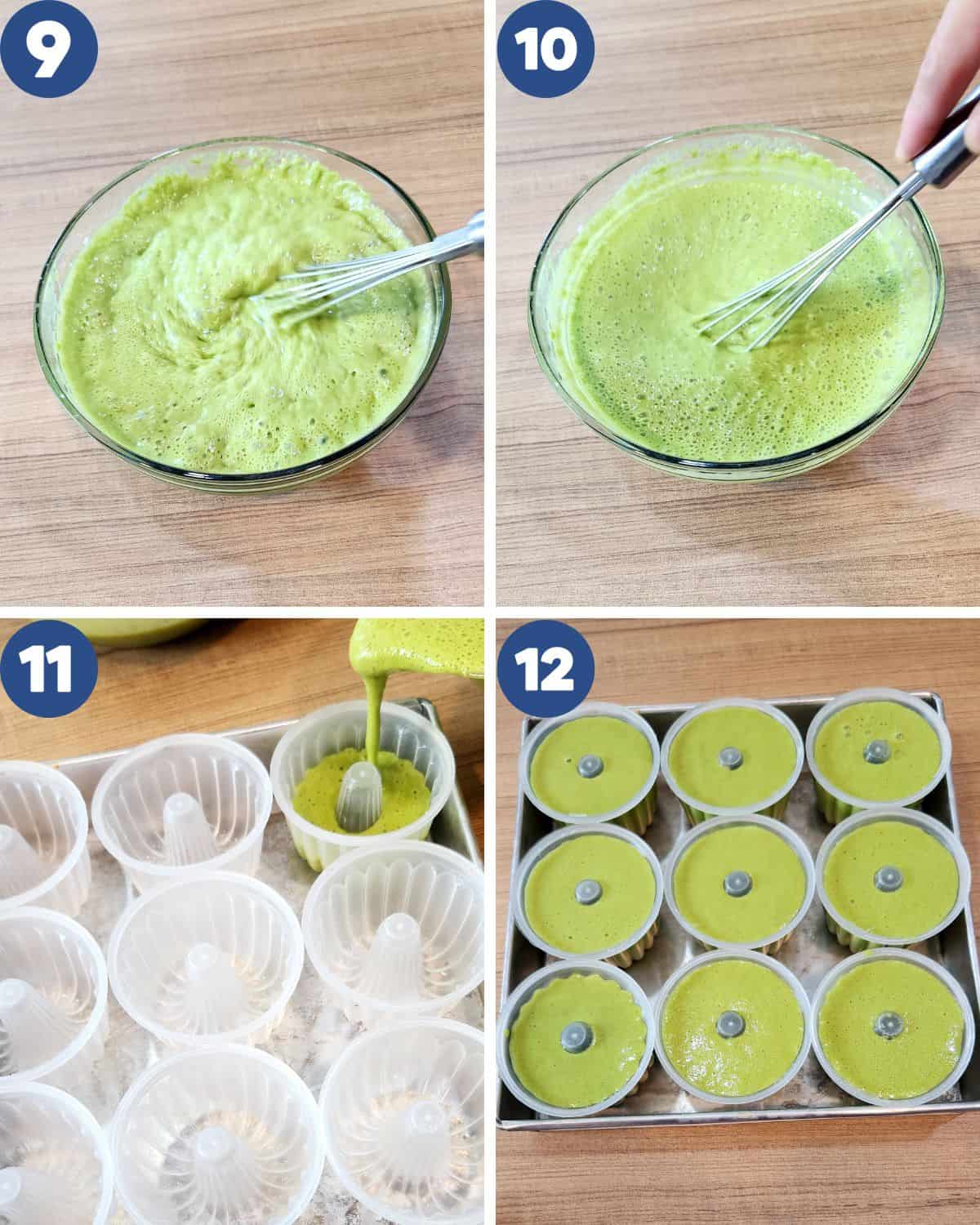 Step by step process photos of pouring the batter into the pudding molds, preparing to steam them.