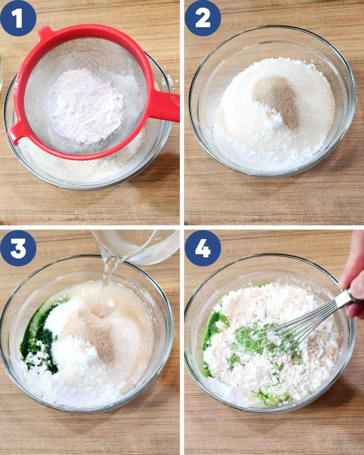 Step by step process photos of mixing the dry ingredients with coconut milk.