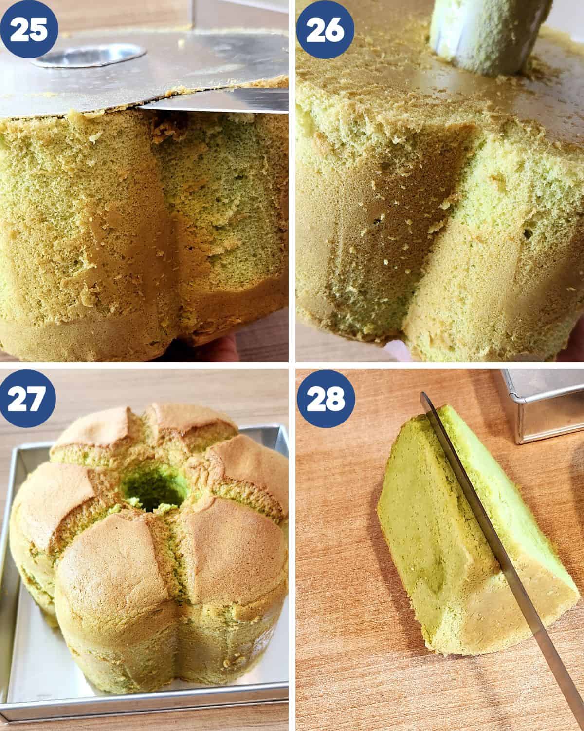 Step by step process photos of handling the chiffon cake after baking and removing it from the pan.
