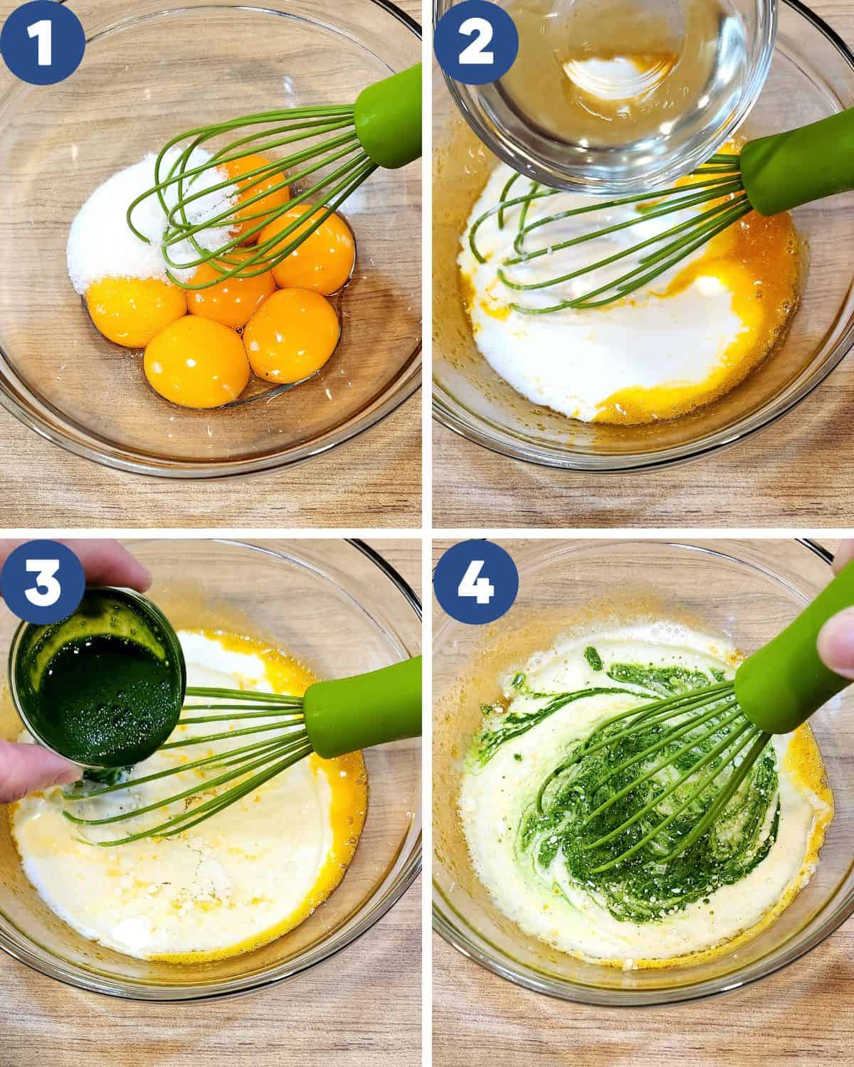 Step by step process photos of mixing the egg yolk with other ingredients.