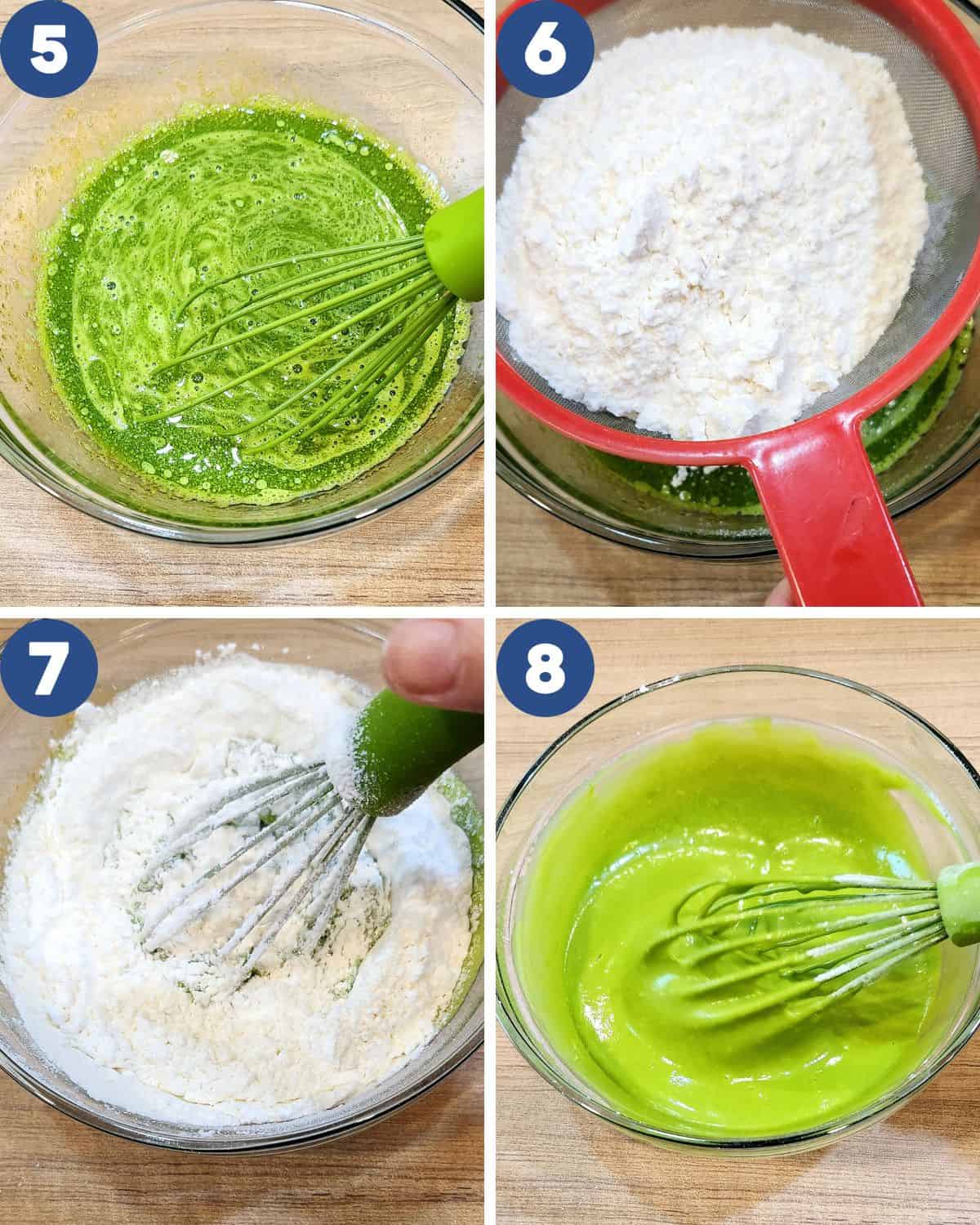 Step by step process photos of mixing in the flour into the egg yolk batter.