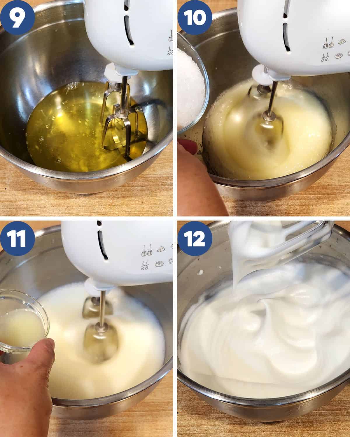 Step by step process photos of beating the egg white with sugar.