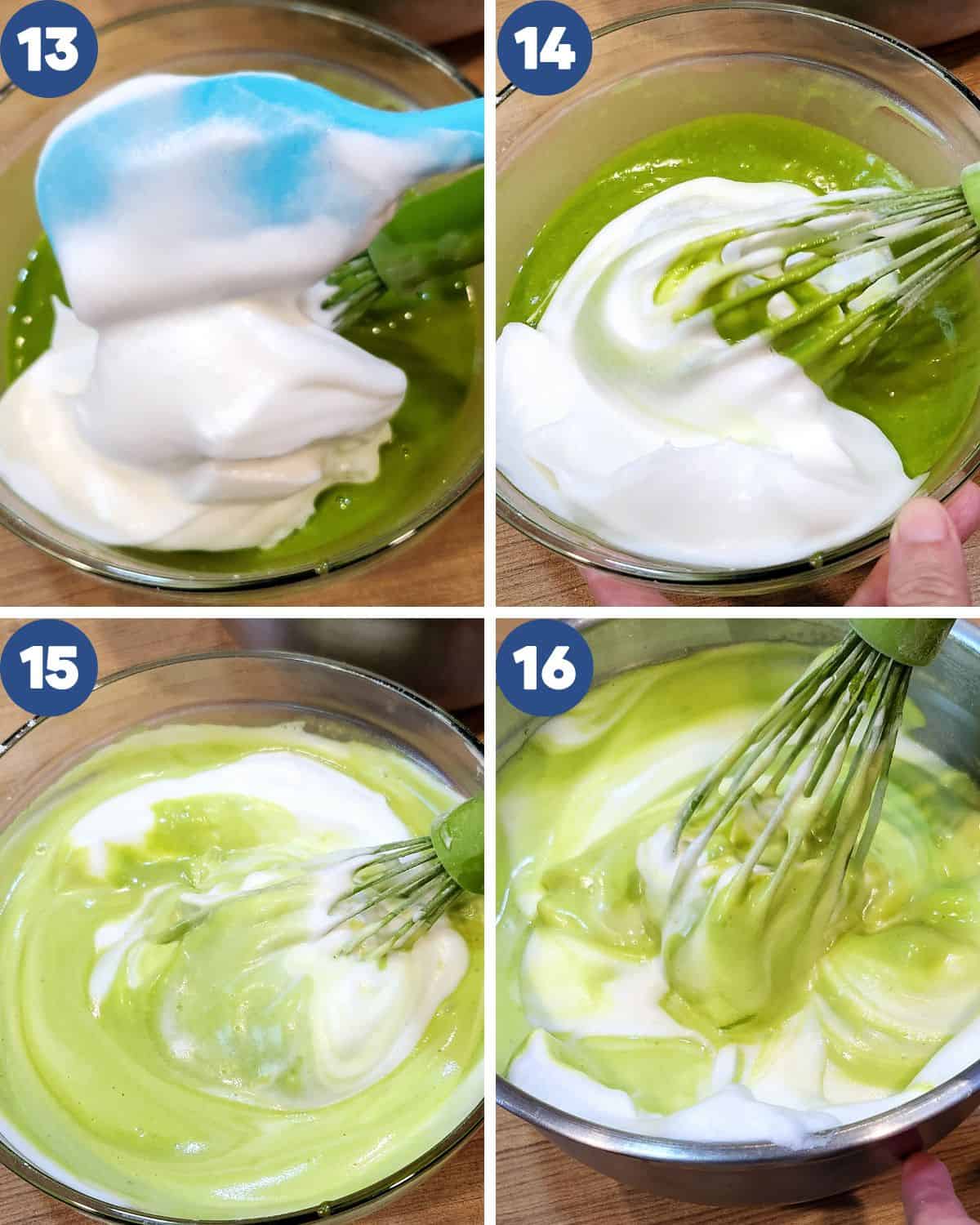 Step by step process photos of mixing the meringue into the egg yolk batter.