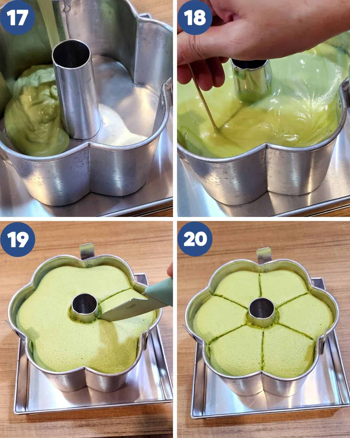 Step by step process photos of pouring the batter into the baking pan and baking it.