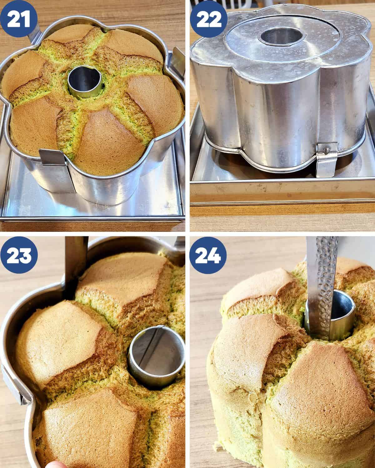 Step by step process photos of handling the chiffon cake after baking and removing it from the pan.