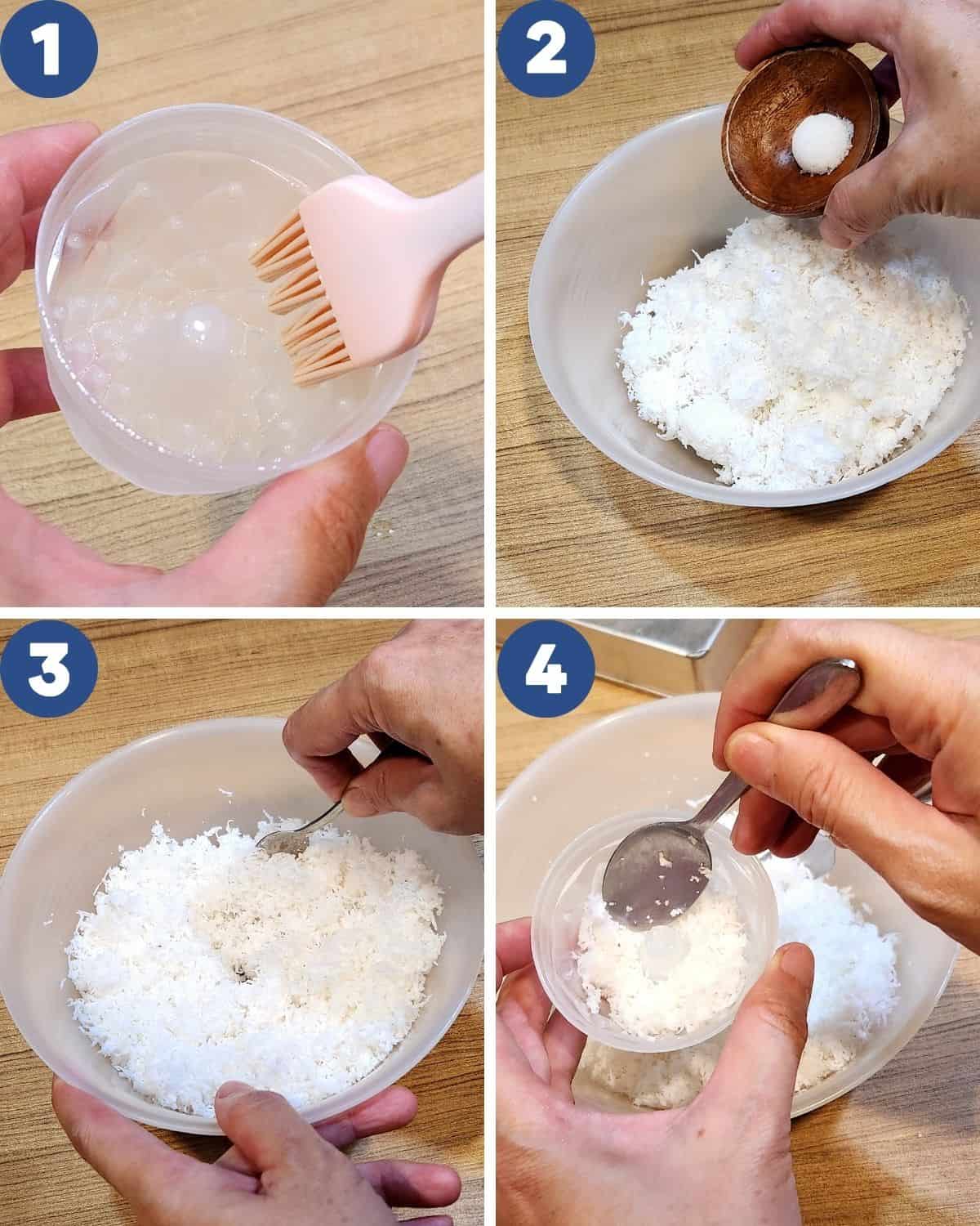 Step by step process photos of putting coconut as the base of putu ayu.