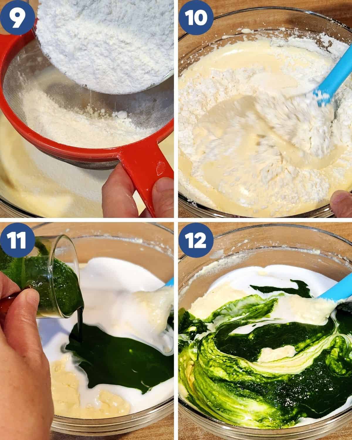 Step by step process photos of sifting the flour into the batter and adding pandan extract.