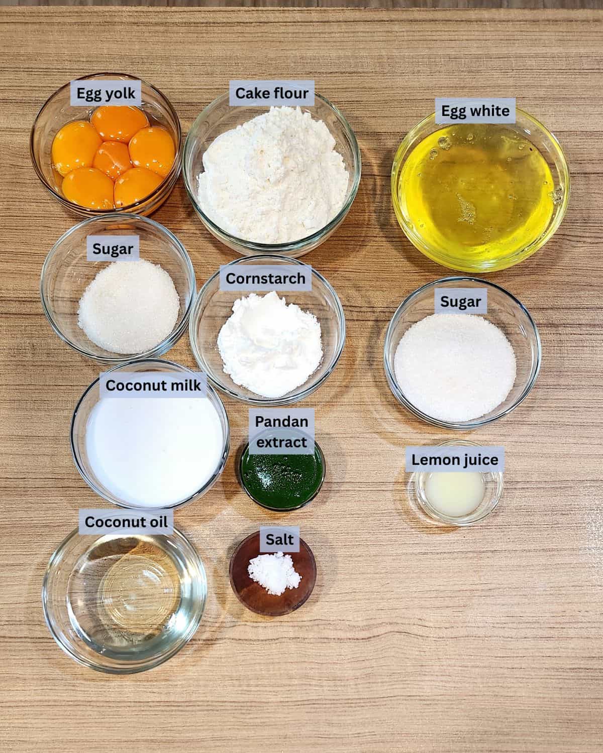 Pandan chiffon cake ingredients with labels.