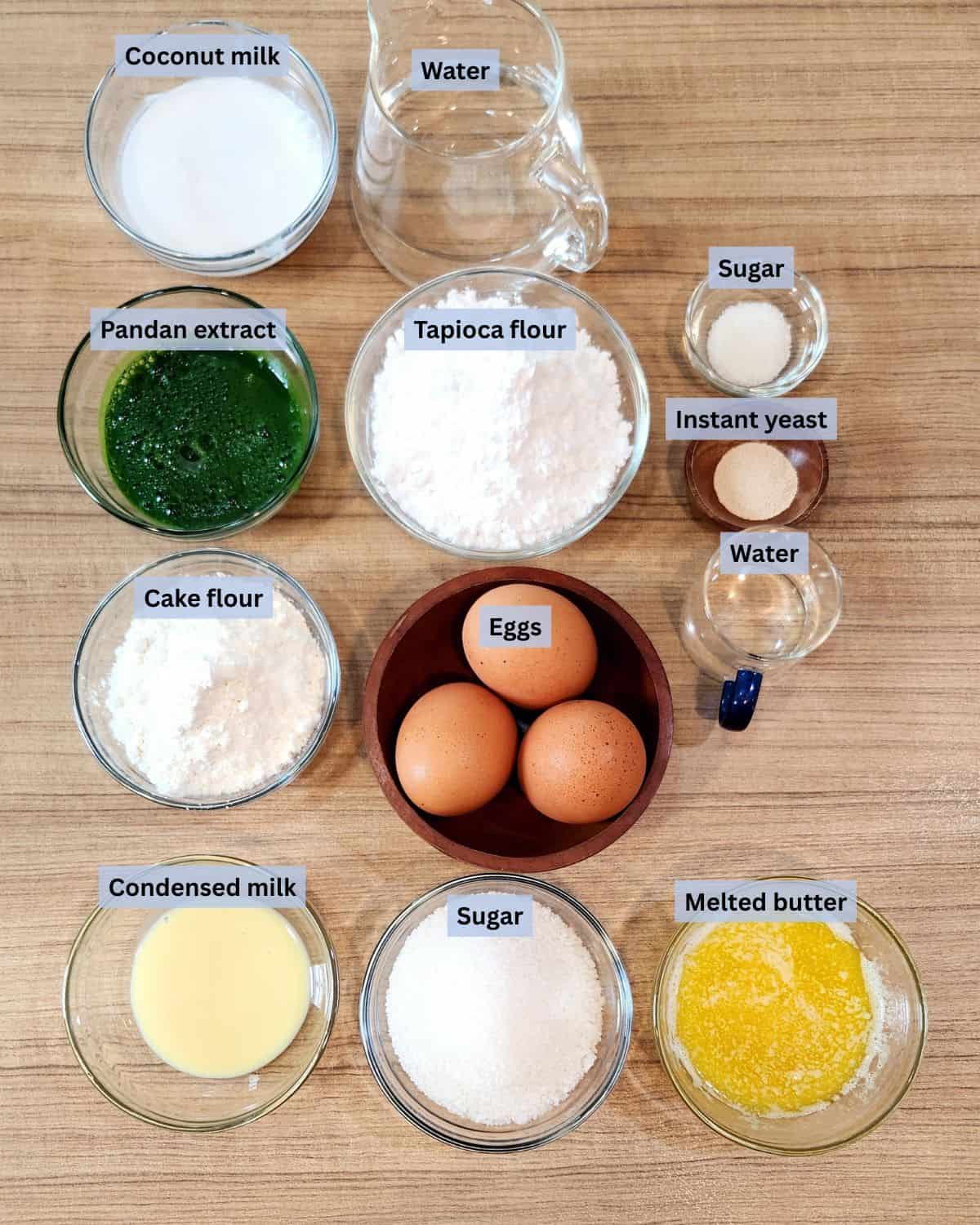 Mini Bika Ambon Pandan ingredients with labels.