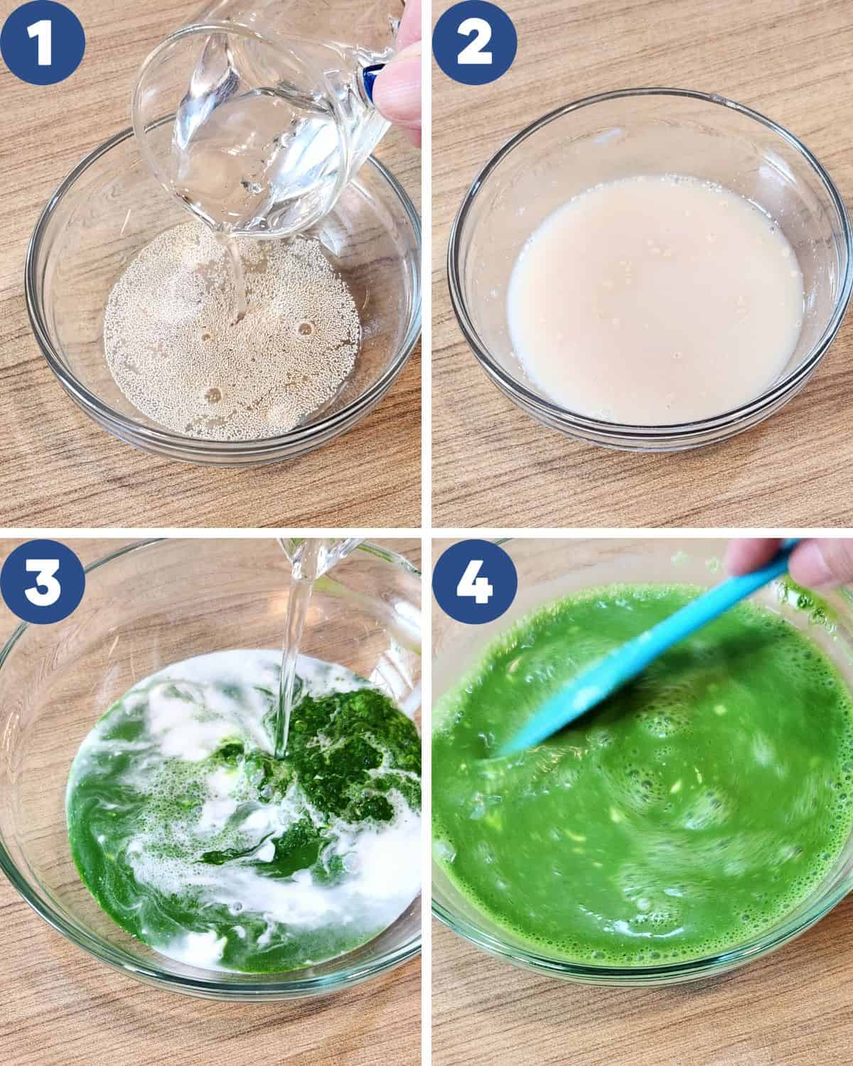Step by step process photos of preparing the yeast mixture and the pandan mixture.