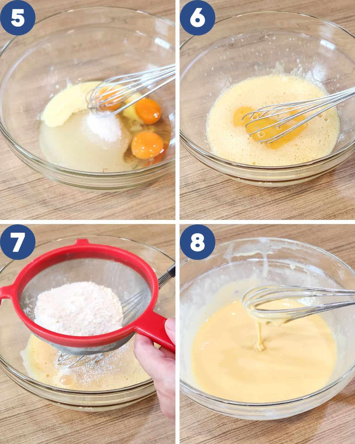 Step by step process photos of mixing the eggs, sugar, and flour.