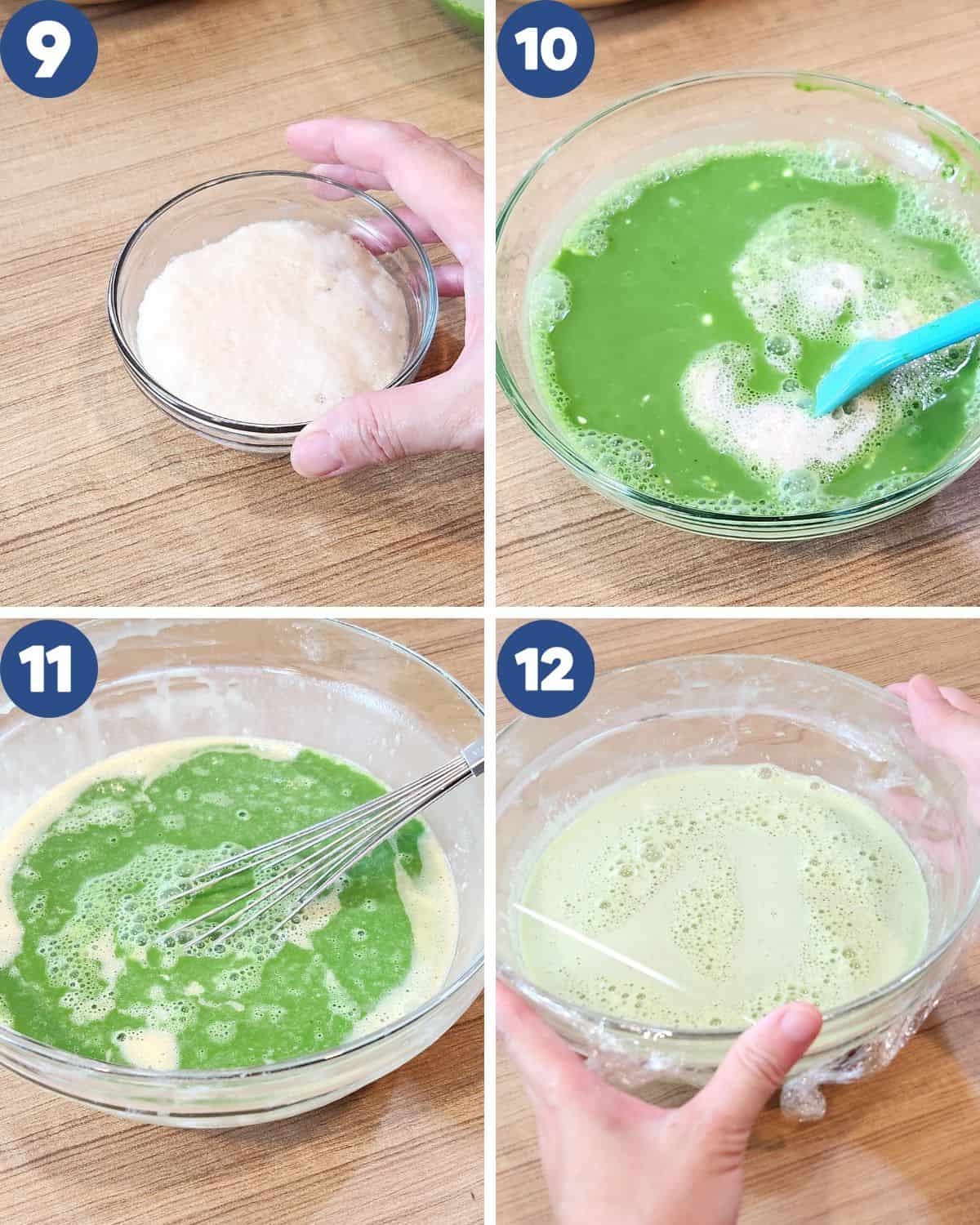 Step by step process photos of mixing the yeast mixture into the pandan mixture and egg mixture.